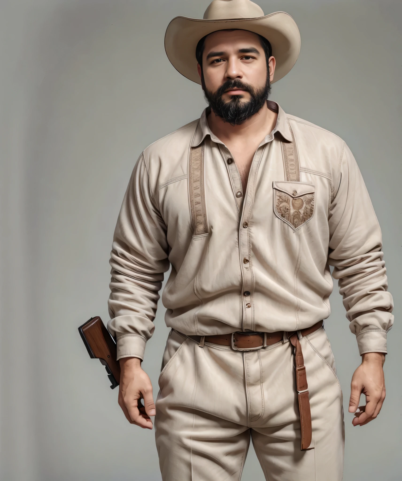 Obra maestra, desenfoque de campo, Parte superior del cuerpo, Hands in pants pockets , 38 year old man with beard and cowboy hat.. chubby Man in checkered shirt in action movie with long guns, con cielo rojo de fondo. Slim Fit.