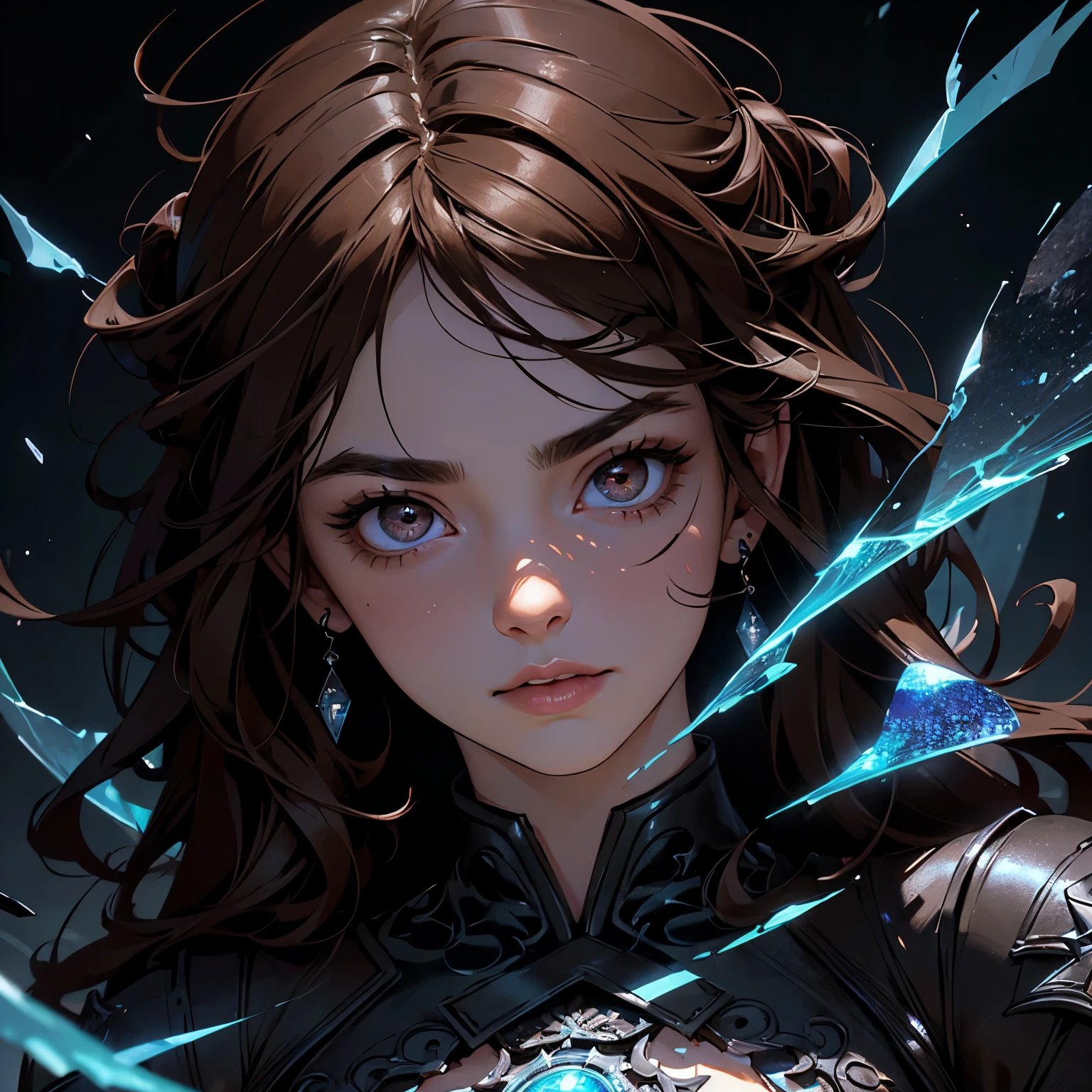 (masterpiece, best quality, ultra-detailed, best shadow), (detailed background,light fantasy), (beautiful detailed face), high contrast, (best illumination, an extremely delicate and beautiful), ((vibrant light)), colorful, hyper detail, dramatic light, intricate details, (1girl, solo,brown hair, sharp face,brown eyes, hair between eyes,dynamic angle), blood splatter, swirling black light around the character, depth of field,black light particles,(broken glass),magic circle,