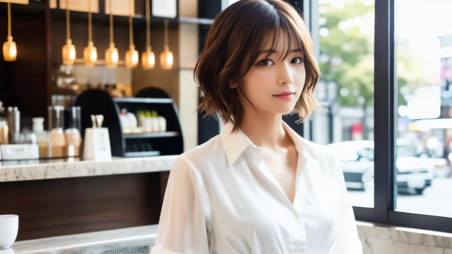 super high quality, Fashion Model, Short Hair, Slender, The staff is working at the counter in the back., (8k、RAW Photos、highest quality、masterpiece:1.2), Japanese Idol, Serious expression, Shaggy, Brown Hair, Stylish café, Fashion magazine shooting, (Realistic、Photorealistic:1.37), Beautiful Face , Mesh Hair, Normal chest, Urban Cafe, Golden Ratio, A gentle gaze, Spring Clothes, Beautiful hairstyle, White Shirt, Neat clothes,