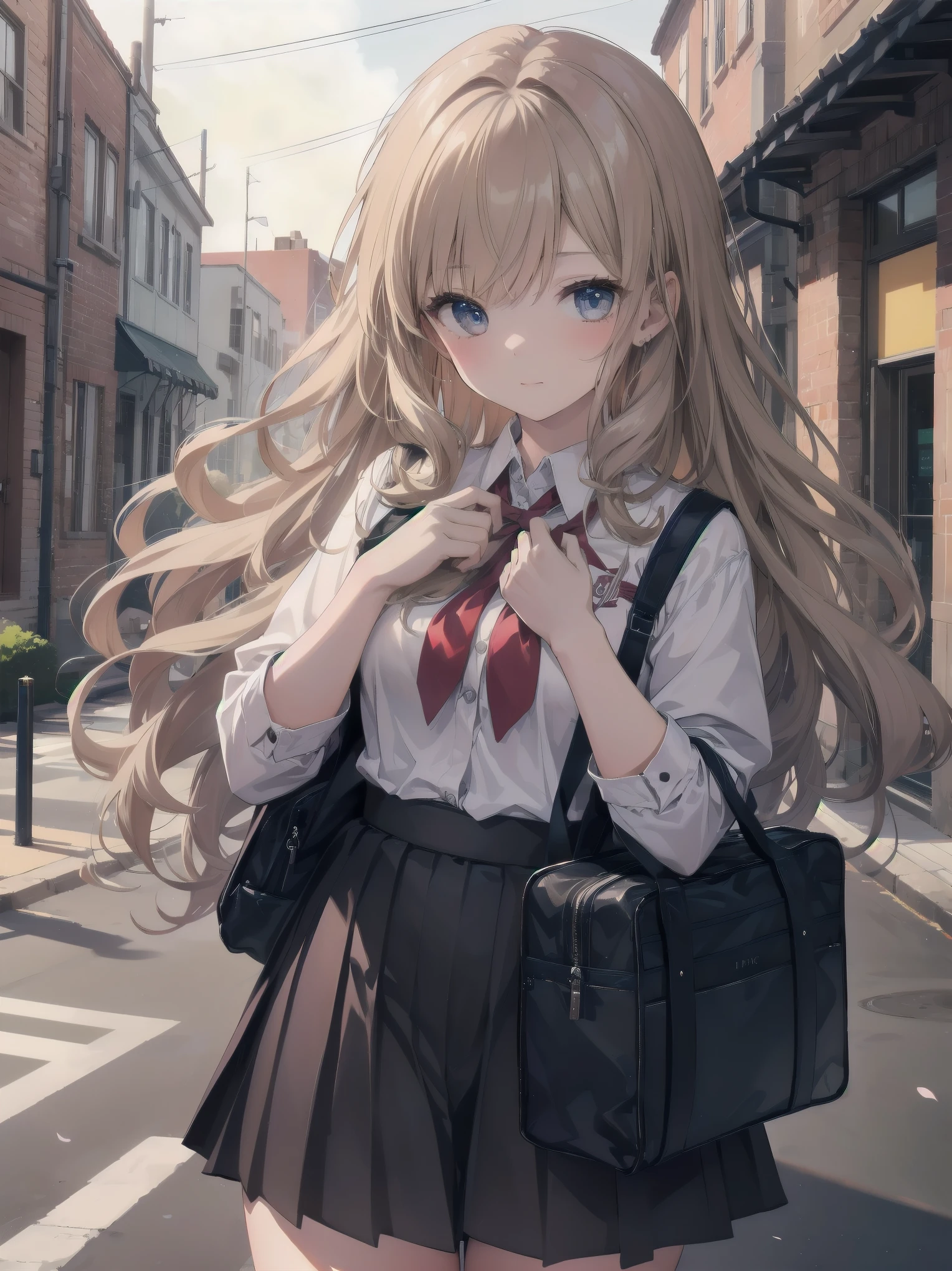 Masterpiece, top quality, super detailed, 16k,
One girl, spring, high school, warm colors, school bag, accurate and highly detailed background, flock of schoolgirls in uniforms of various body shapes and hairstyles, cute.
Blake.
A beautiful girl with wavy crimson hair. she is very well developed