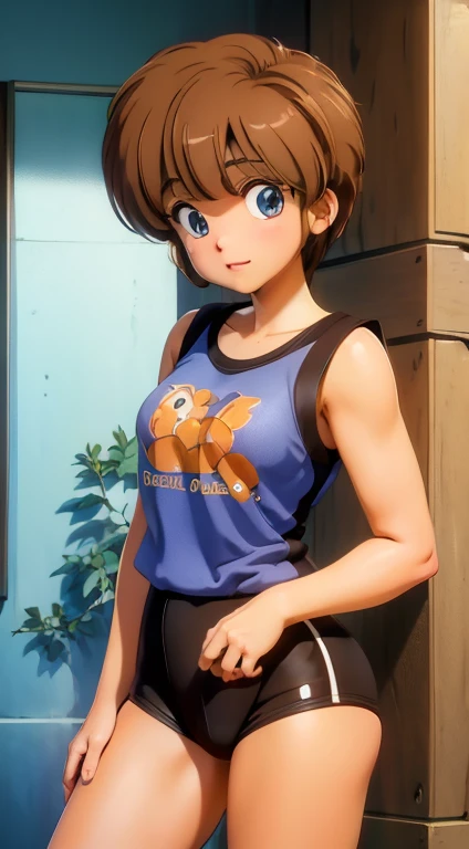 1 girl, hiyama Hikaru, beautiful girl, blue eyes, brown hair, realistic, spandex short shorts