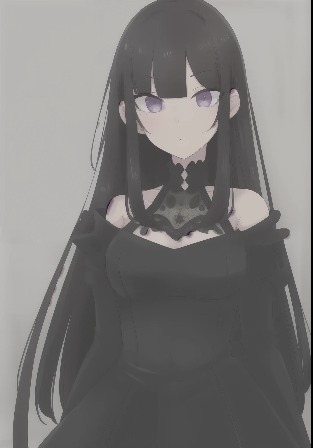 high quality, best quality, ultra detailed, extremely detailed, vibrant colour, solo,1woman, mature female, long hair, black hair, straight hair, purple eyes, balck dress, fitting dress, bodycon dress