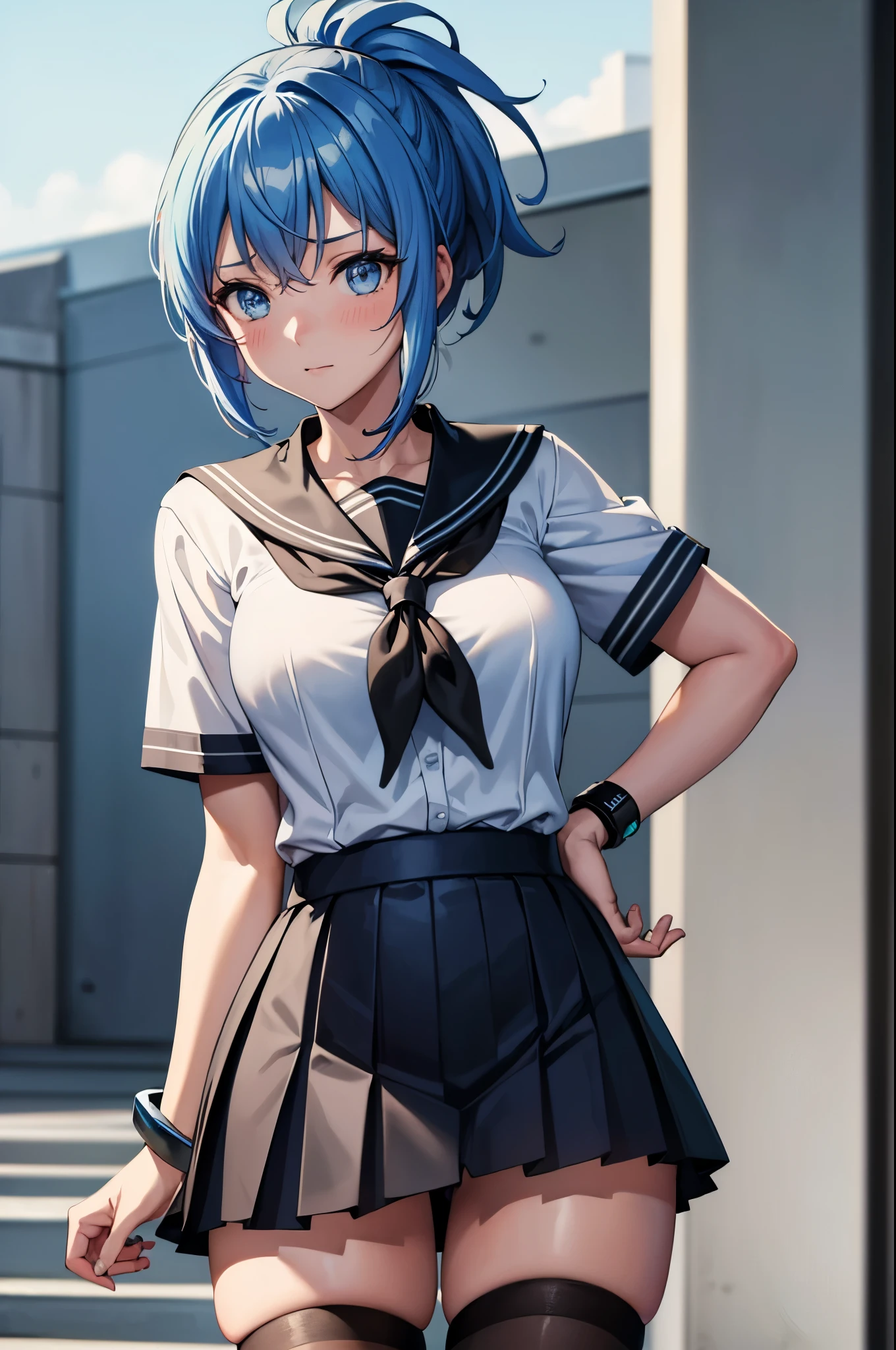 (masterpiece, best quality:1.2), expressive eyes, perfect face, highres, 1girl, solo, senounatsuru ,seitetsu_academy_school_uniform, light blue hair, white shirt, short hair, short sleeves, black handkerchief sailor , ponytail, black skirt, thighhighs, one bracelet, one blue bracelet on left wrist, black wrist band, blushing, embarrassed, standing, cowboy shot, looking at the viewer