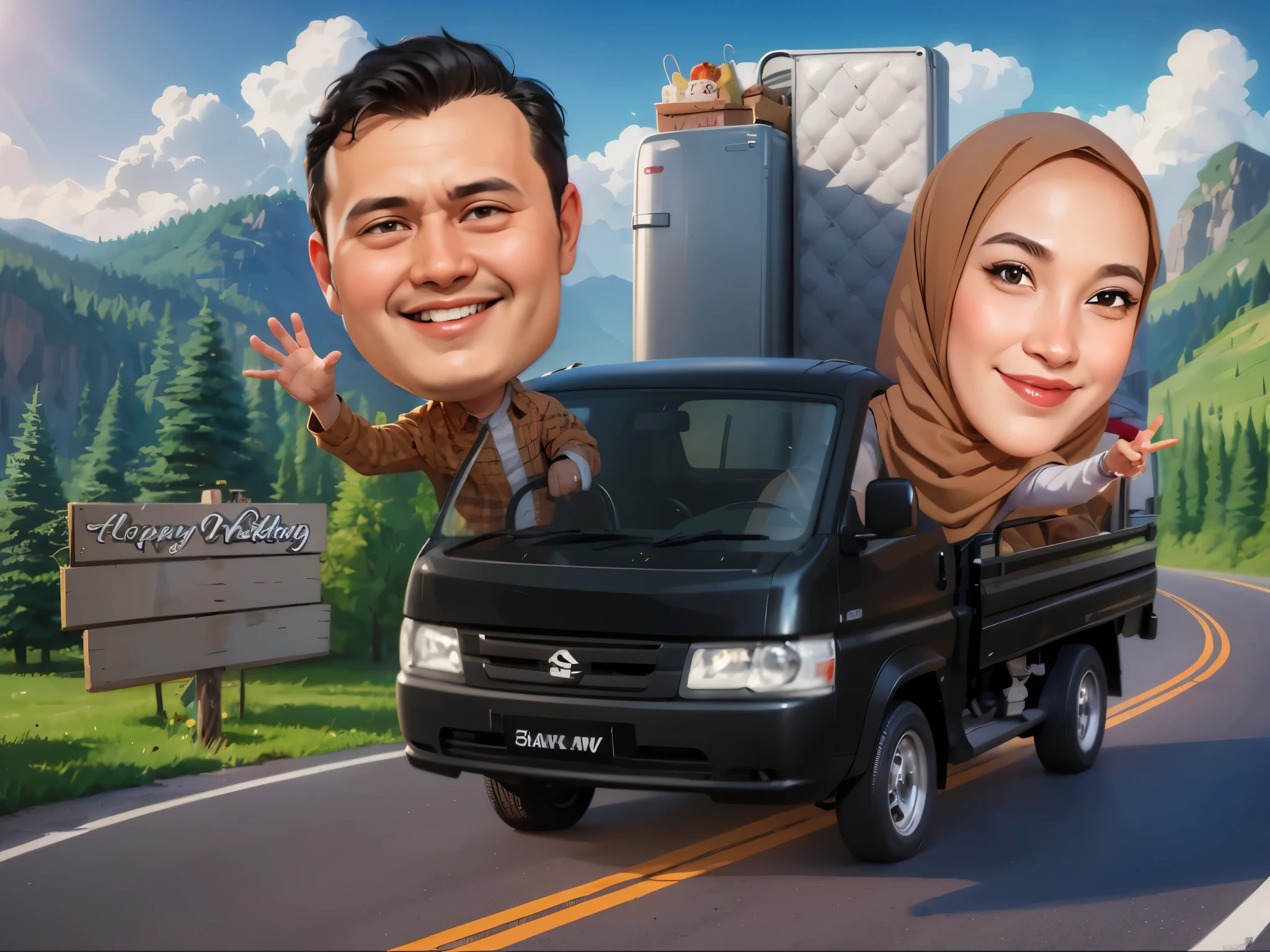 a caricature of a couple driving down a road with a refrigerator on the back, wardrobe beds and other household equipment, a black-haired man, a woman wearing a white dress and a brown hijab, sunny weather, dramatic light, caricature illustration, cartoon art style, in a cartoon style, cartoon-style illustration, digital art cartoon, cartoon digital painting, cartoon digital art, caricature style, digital cartoon painting art, commercial illustration