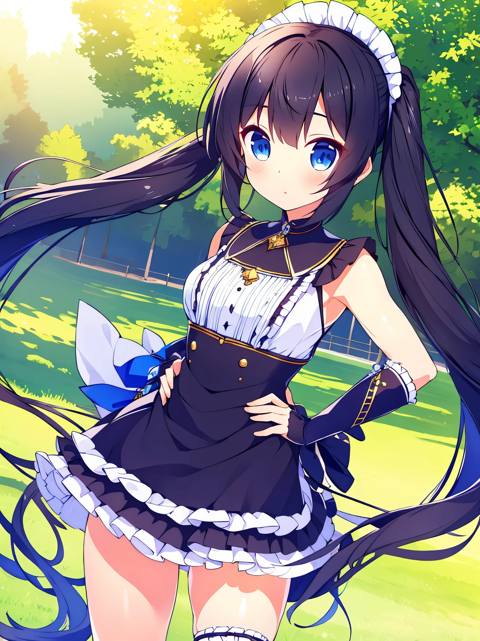 masterpiece, best quality, long hair, twintails, black hair, blue eyes, frilled dress, elbow gloves, outdoors, hand on hip,