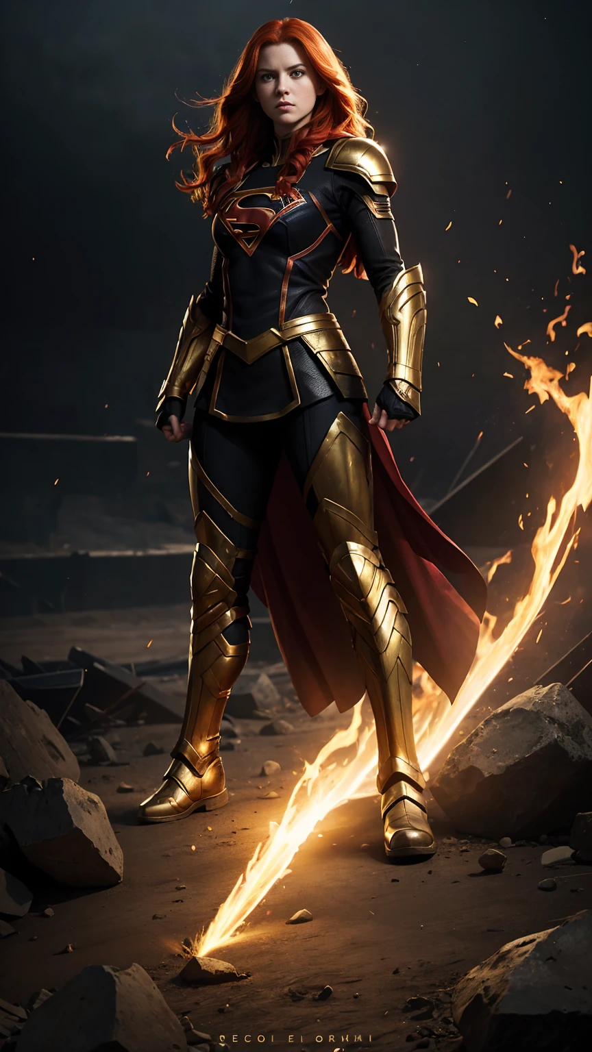 ((Full body photo,standing, feet on the ground)) A red-haired warrior girl with yellow eyes wearing black and gold DC Comics, Supergirl, armor
