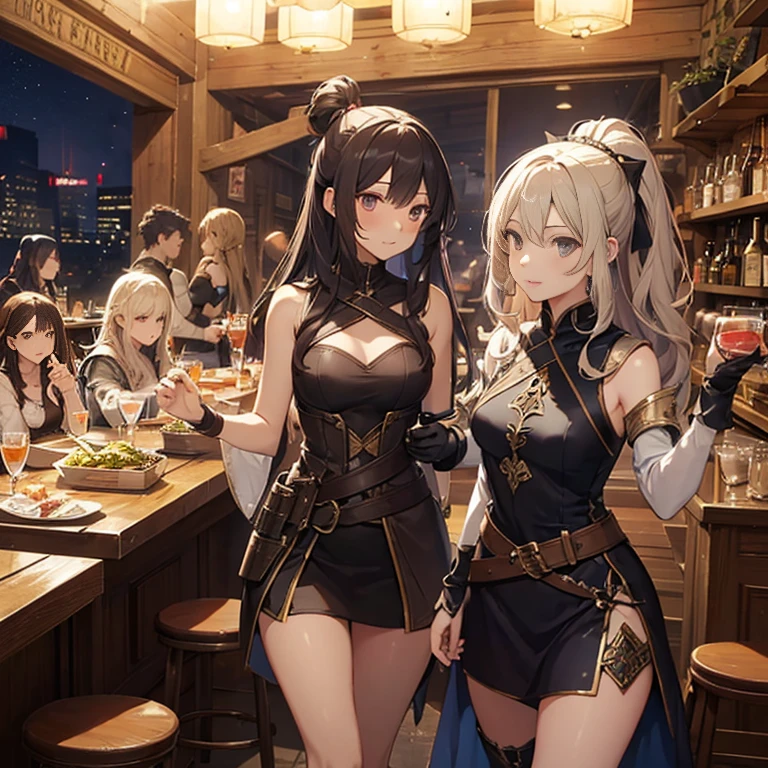 A group of  female medieval fantasy adventurers, (in tavern), various hair styles, harem, night, details face, short skirt, seducing, sleeveless, armor