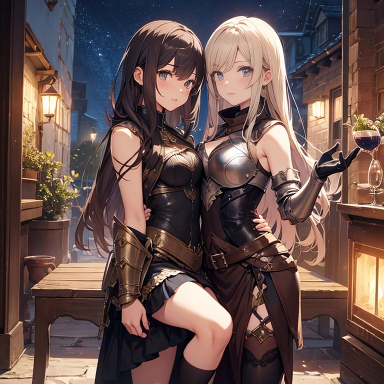 A group of female medieval fantasy adventurers, (in tavern), various hair styles, harem, night, details face, short skirt, seducing, sleeveless, armor