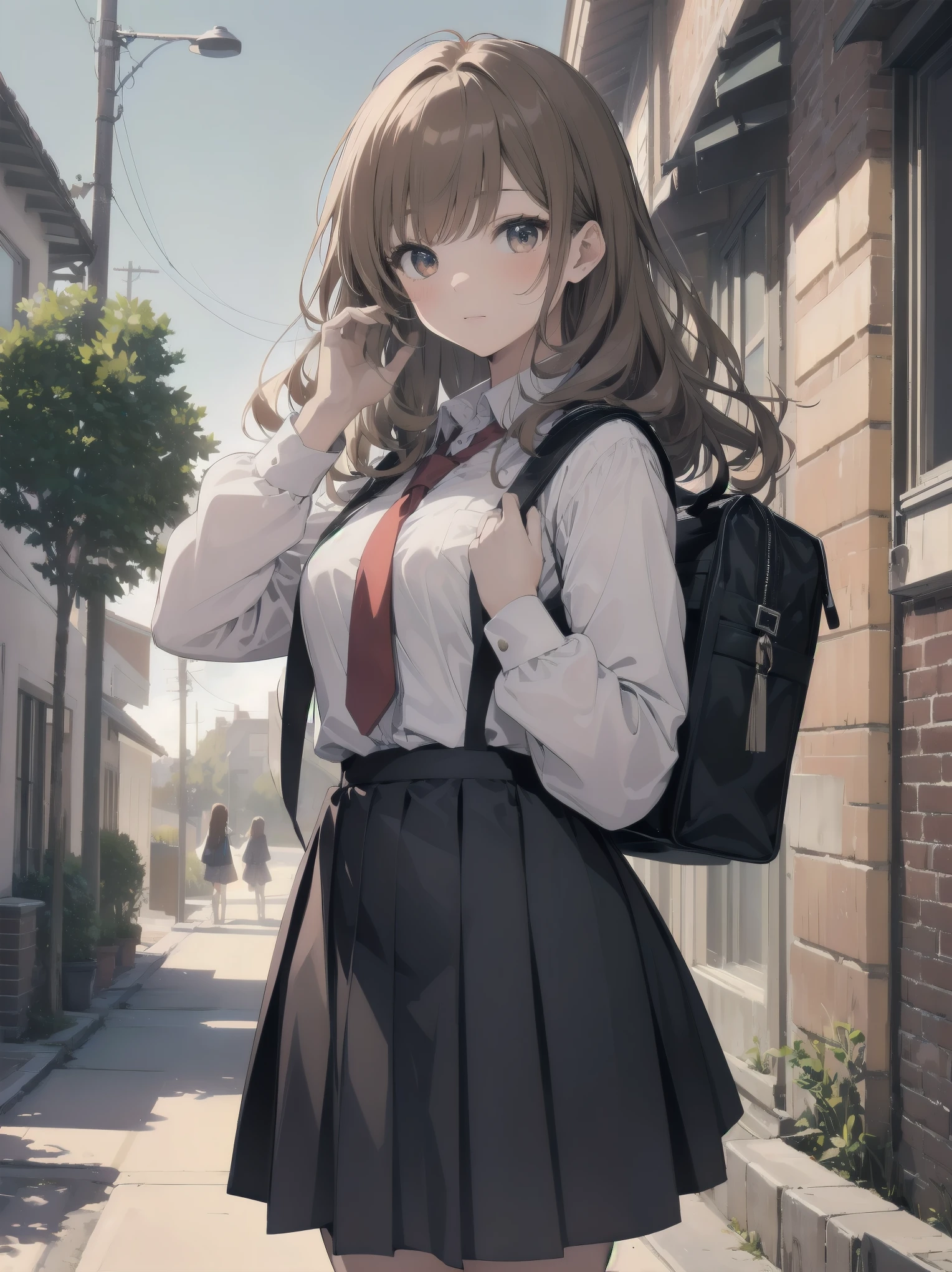 Masterpiece, top quality, super detailed, 16k,
One girl, spring, high school, warm colors, school bag, accurate and highly detailed background, flock of schoolgirls in uniforms of various body shapes and hairstyles, cute.
Blake.
A beautiful girl with wavy crimson hair. she is very well developed