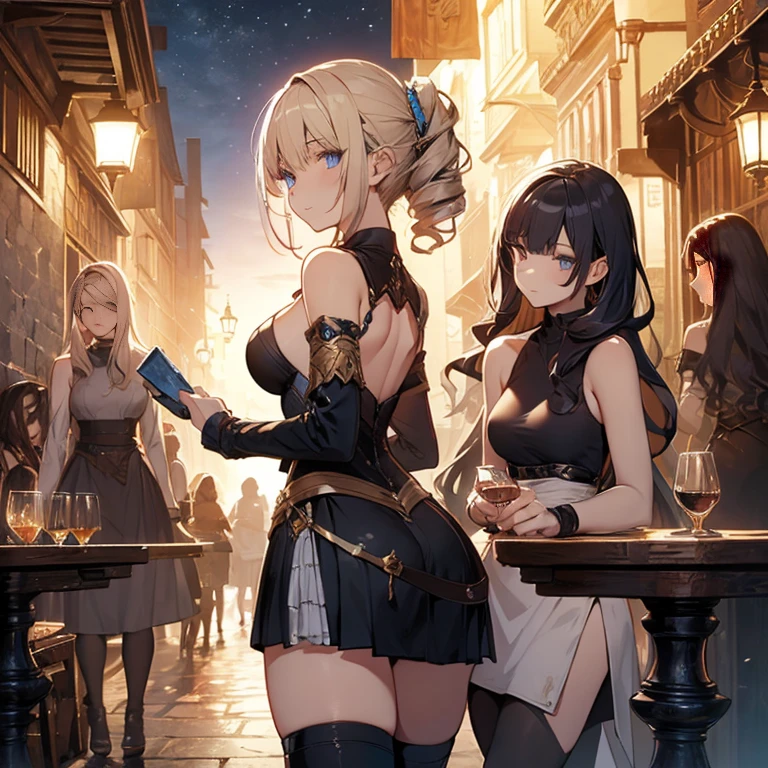 A group of  female medieval fantasy adventurers, (in tavern), various hair styles, harem, night, details face, short skirt, seducing, sleeveless, armor