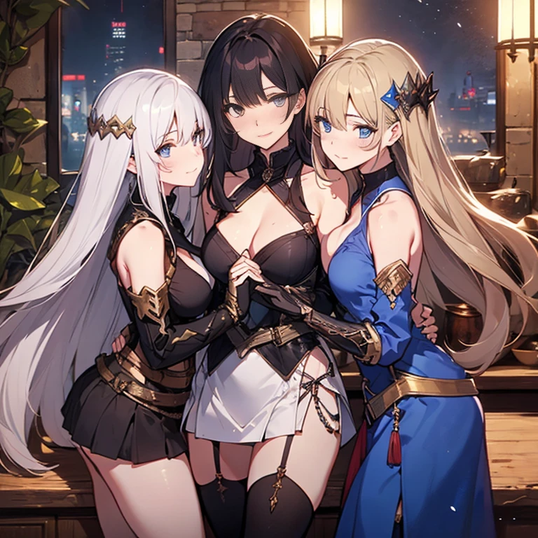 A group of  female medieval fantasy adventurers, (in tavern), various hair styles, harem, night, details face, short skirt, seducing, sleeveless, armor