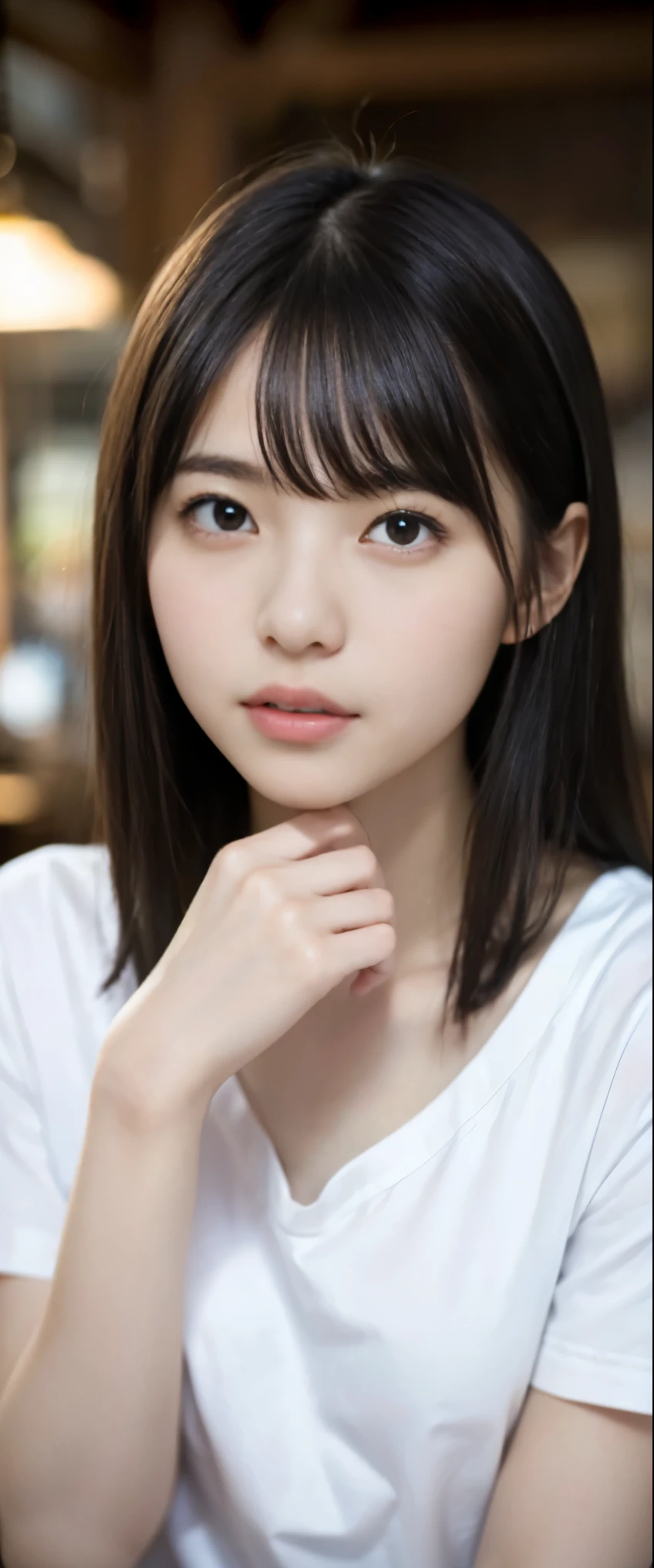 ((Perfect Anatomy:1.3)、(Complete Hand:1.3)、(Face it head on)、Realistic、RAW Photos、Tabletop、highest quality、High resolution、Delicate and beautiful、Perfect Face、Beautiful details、Fair skin、Real Humans、((Thin legs))、(Black Hair):1.2), 8k, 11 year old girl standing half-length, 85mm,公式AR RAW Photos, Super slim slender beautiful girl、Plain white short sleeve T-shirt、Lower body nude