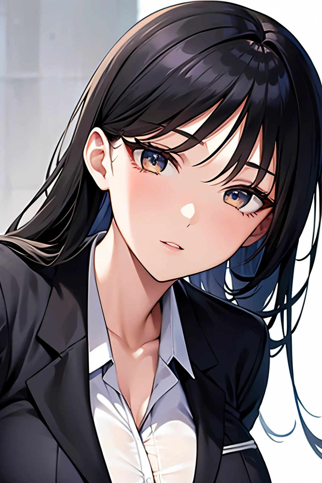 Beautiful girl, beautiful face, black hair, jacket, suit, big breasts,