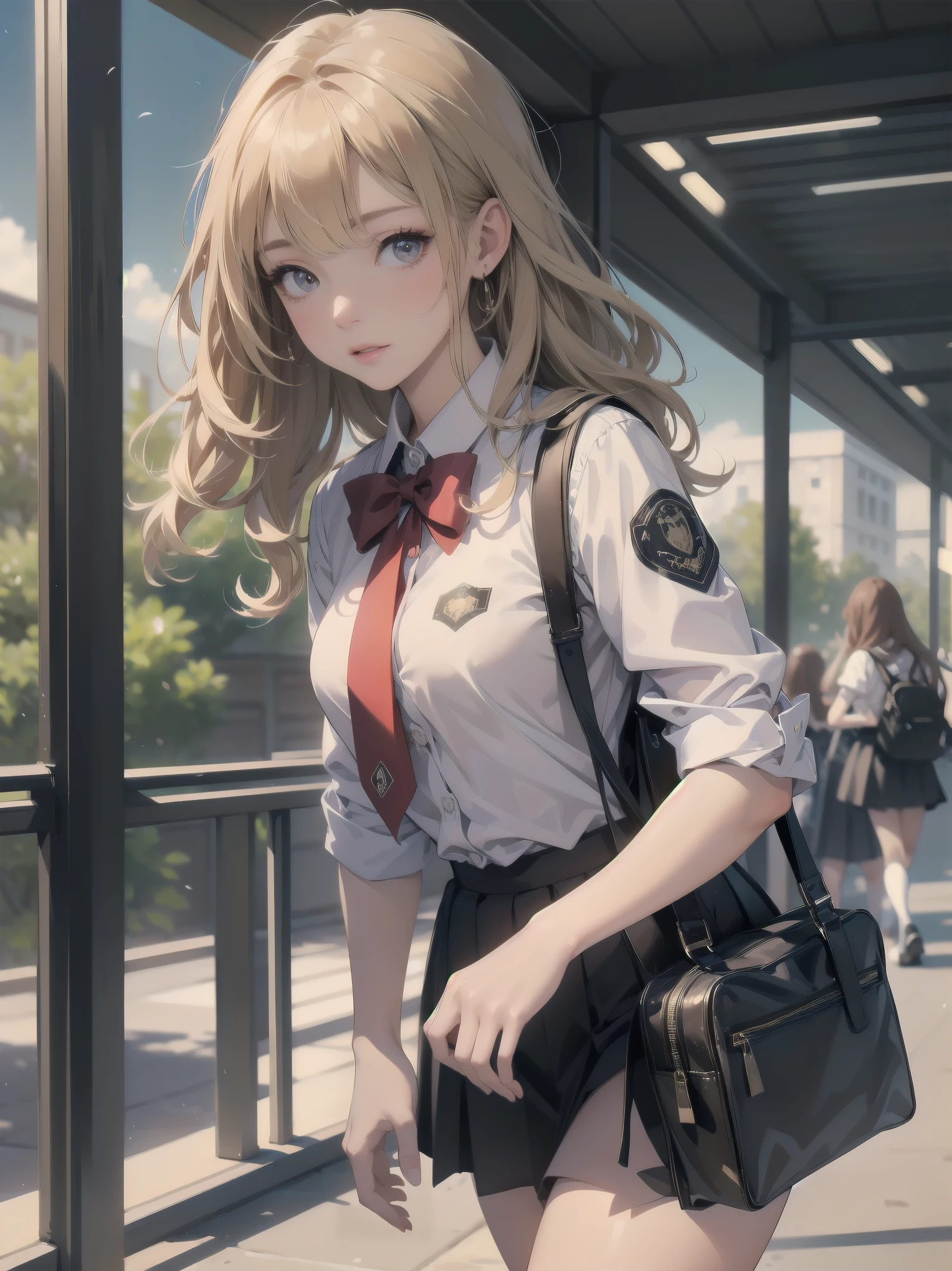 Masterpiece, top quality, super detailed, 16k,
One girl, spring, high school, warm colors, school bag, accurate and highly detailed background, flock of schoolgirls in uniforms of various body shapes and hairstyles, cute.
Blake.

A beautiful girl with wavy crimson hair. she is very well developed