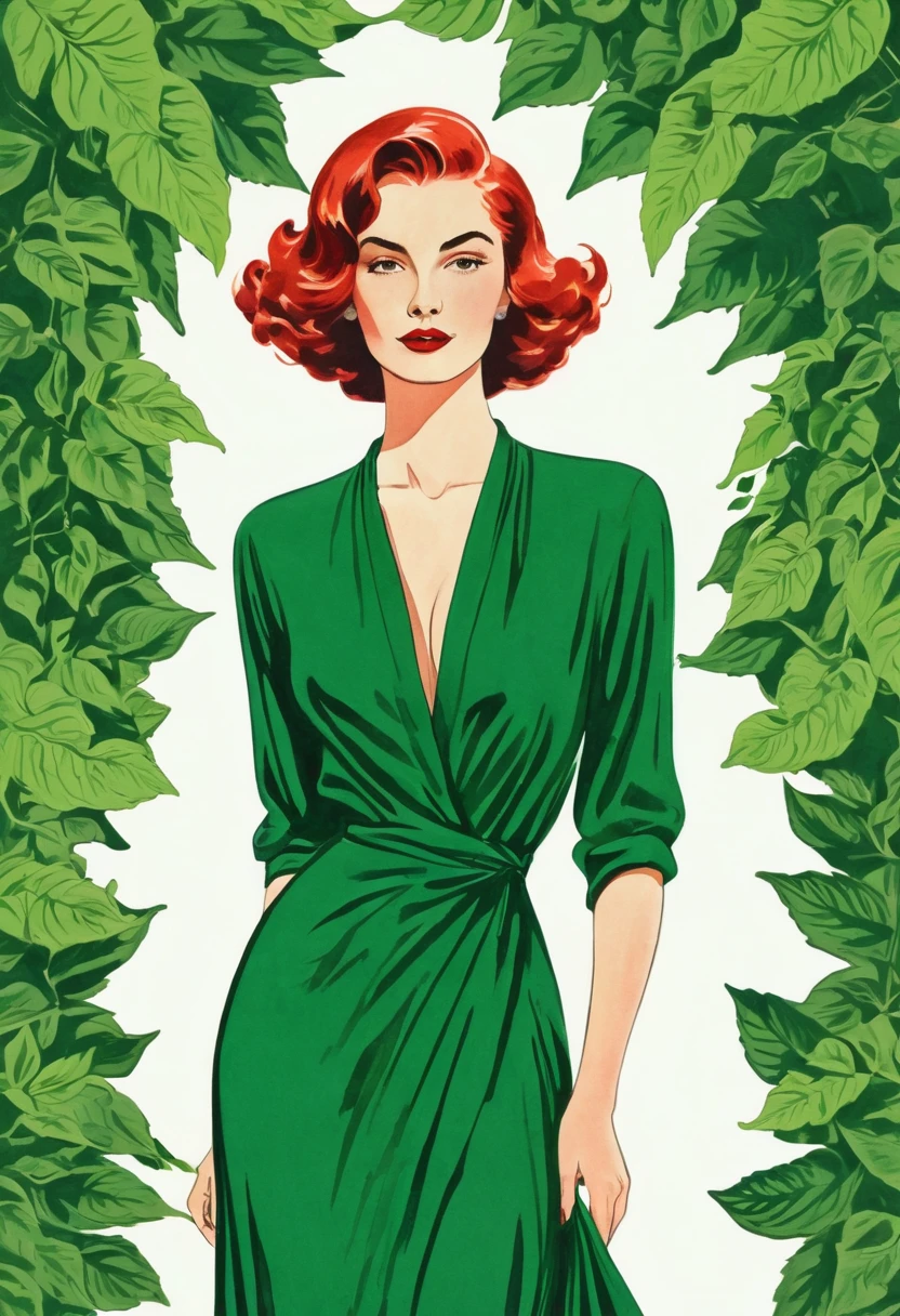 Une illustration magnifiquement dessinée d’une femme aux cheveux rouges, porter une robe verte, and surrounded by green leaves. The woman has a prominent neckline, and her hair is styled&#39;a way that completes your outfit. L&#39;image capture l&#39;élégance et le charme de la femme, which makes it a work of&#39;art attrayante.