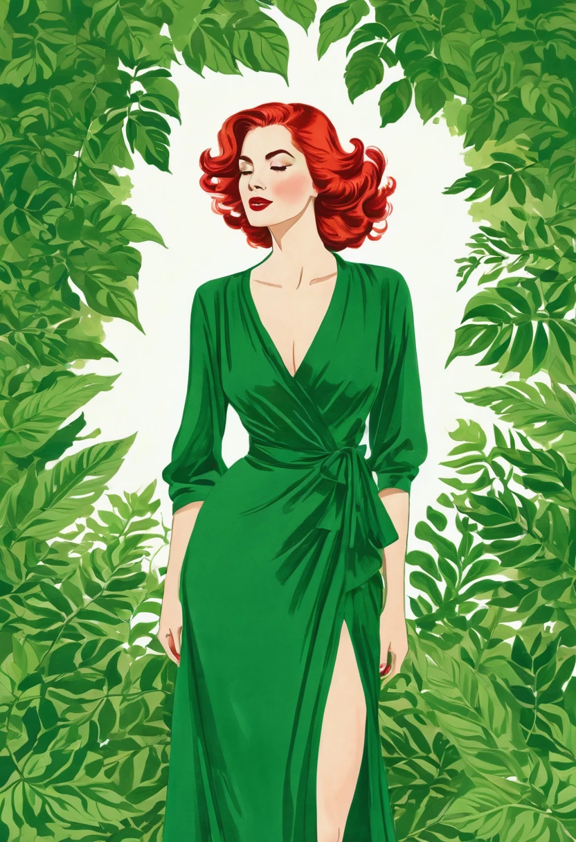 Une illustration magnifiquement dessinée d’une femme aux cheveux rouges, porter une robe verte, and surrounded by green leaves. The woman has a prominent neckline, and her hair is styled&#39;a way that completes your outfit. L&#39;image capture l&#39;élégance et le charme de la femme, which makes it a work of&#39;art attrayante.