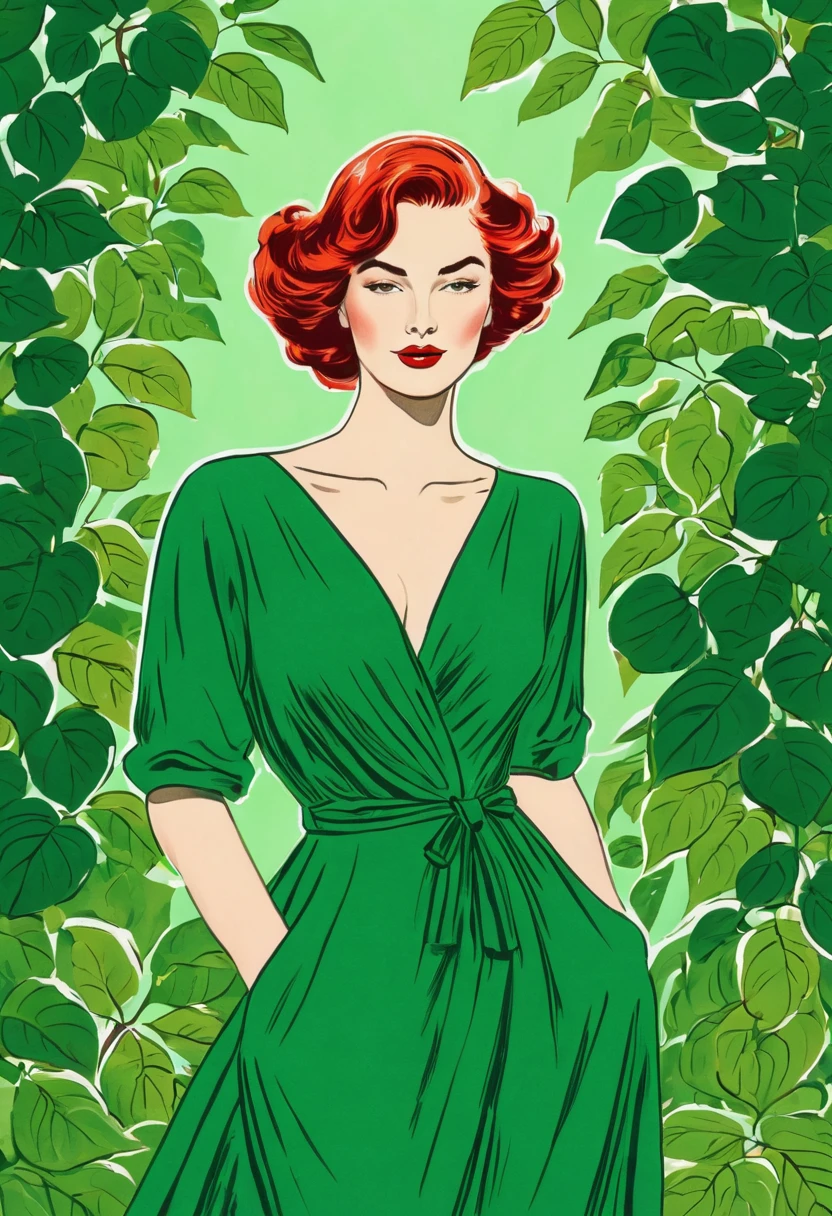 Une illustration magnifiquement dessinée d’une femme aux cheveux rouges, porter une robe verte, and surrounded by green leaves. The woman has a prominent neckline, and her hair is styled'a way that completes your outfit. L'image capture l'élégance et le charme de la femme, which makes it a work of'art attrayante.