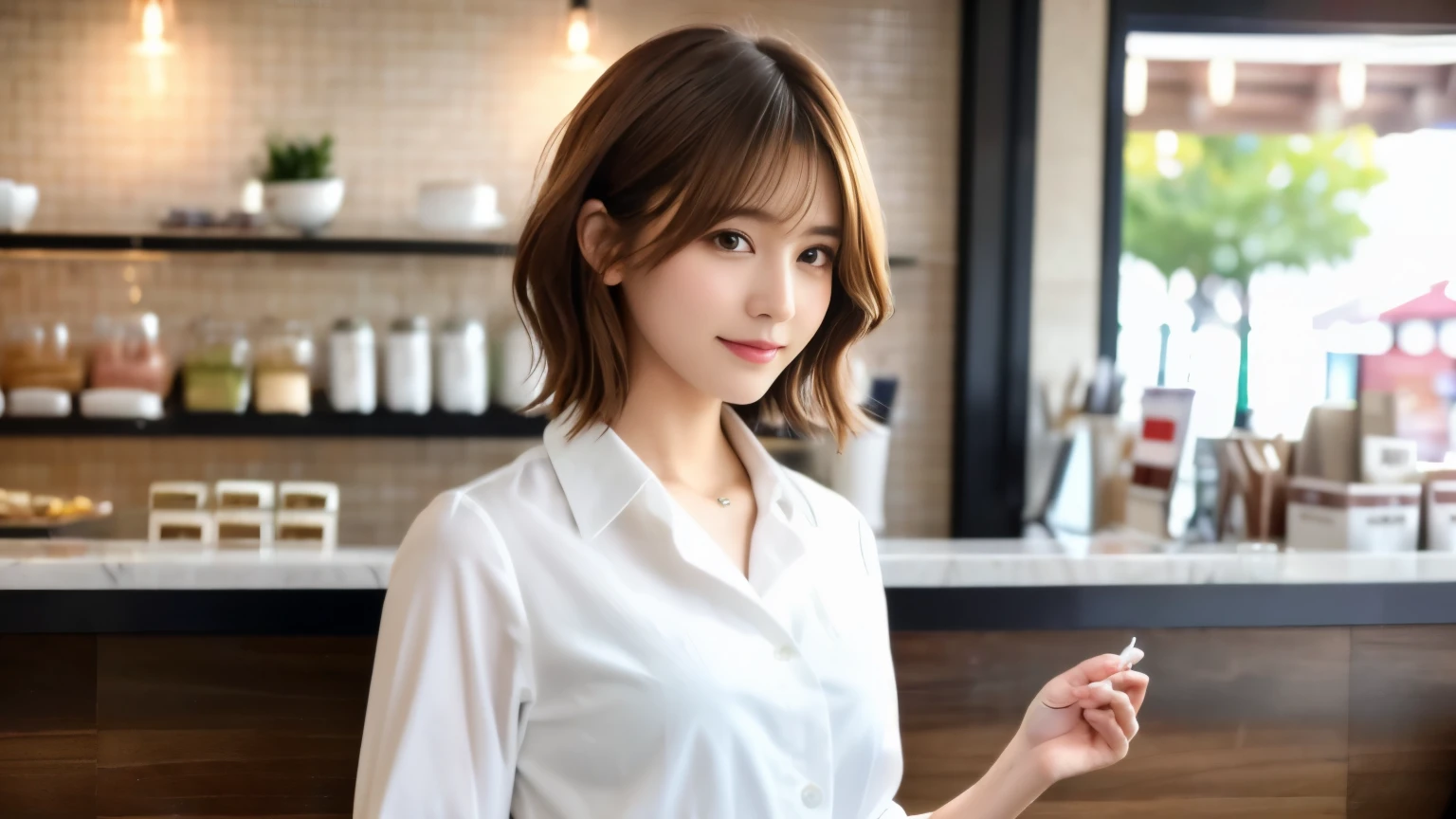 super high quality, Fashion Model, Short Hair, Slender, The staff is working at the counter in the back., (8k、RAW Photos、highest quality、masterpiece:1.2), Japanese Idol, Serious expression, Shaggy, Brown Hair, Stylish café, Fashion magazine shooting, (Realistic、Photorealistic:1.37), Beautiful Face , Mesh Hair, Normal chest, Urban Cafe, Golden Ratio, A gentle gaze, Spring Clothes, Beautiful hairstyle, White Shirt, Neat clothes,