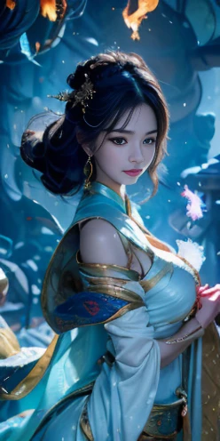 High brightness,Global illumination,a beautiful fire fairy in the style of ancient Chinese fairy,White-colored skin with delicate features,Eyes look at the lens,The mouth is opened,white skinned,Light on the face,flames floats in front of the body,Palms facing up,5 fingers;Holding a sphere of fire,swirling fire flows into the fireball,Condensed in the hand,She skillfully directs the flow of fire,Eyes with rich expressions,gefeng costume;slender figure,Dignified and elegant,Classic temperament,Full of fairy air,face details sharp,,4K Ultra HD,Pixel realism,Attention to detail,hight contrast,rich colourful、Shocking scene;The background is a fiery inferno