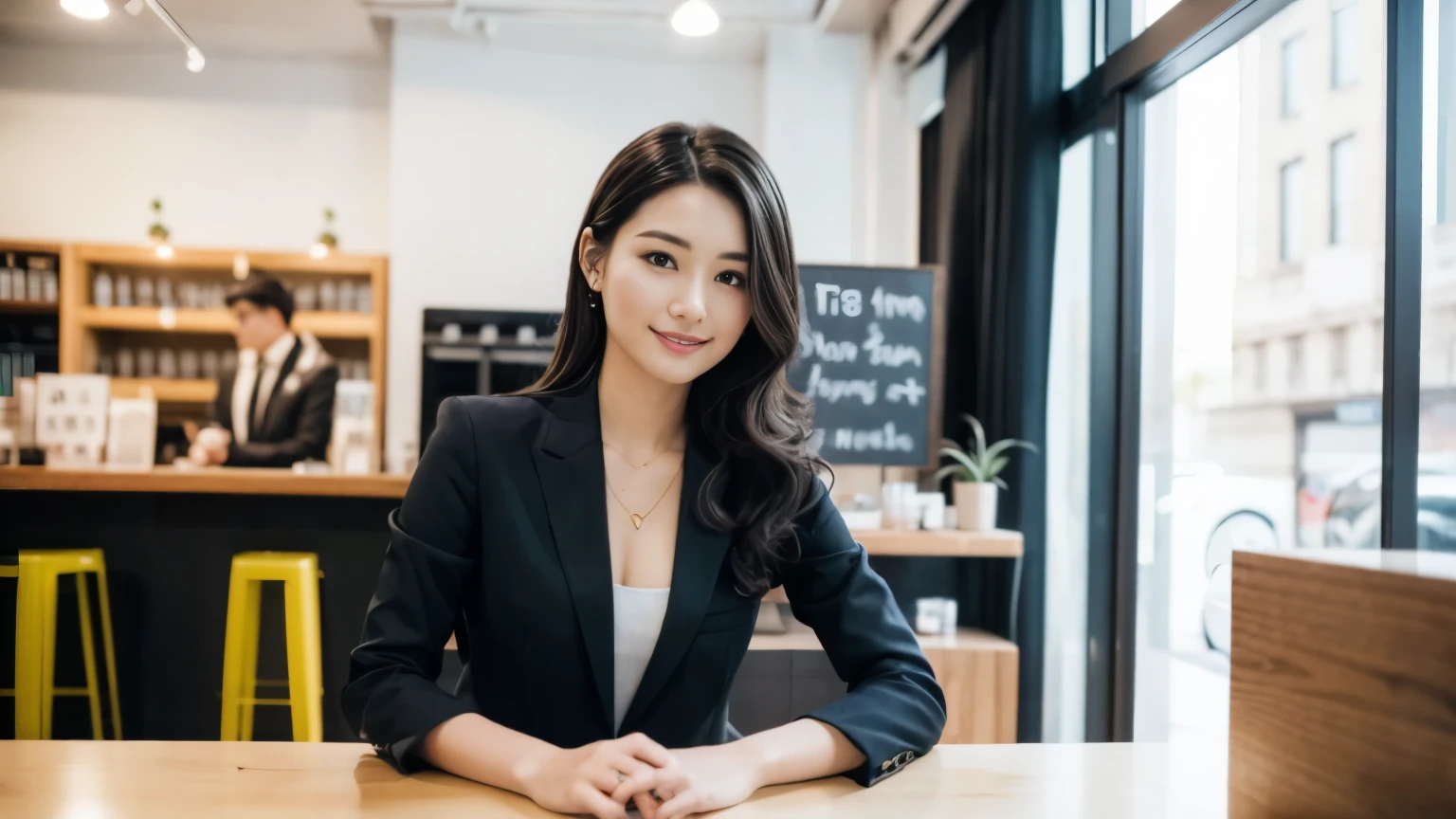 super high quality, Black Hair, Slender, Gravure photoshoot, The staff is working at the counter in the back., (8k、RAW Photos、highest quality、masterpiece:1.2), Stylish café, (Realistic、Photorealistic:1.37), Beautiful Face , Normal chest, Urban Cafe, Golden Ratio, Raw photo, musician, Blurred Background, curl, Spring Clothes, Beauty, suit, 30 years old, Neat clothes, 
