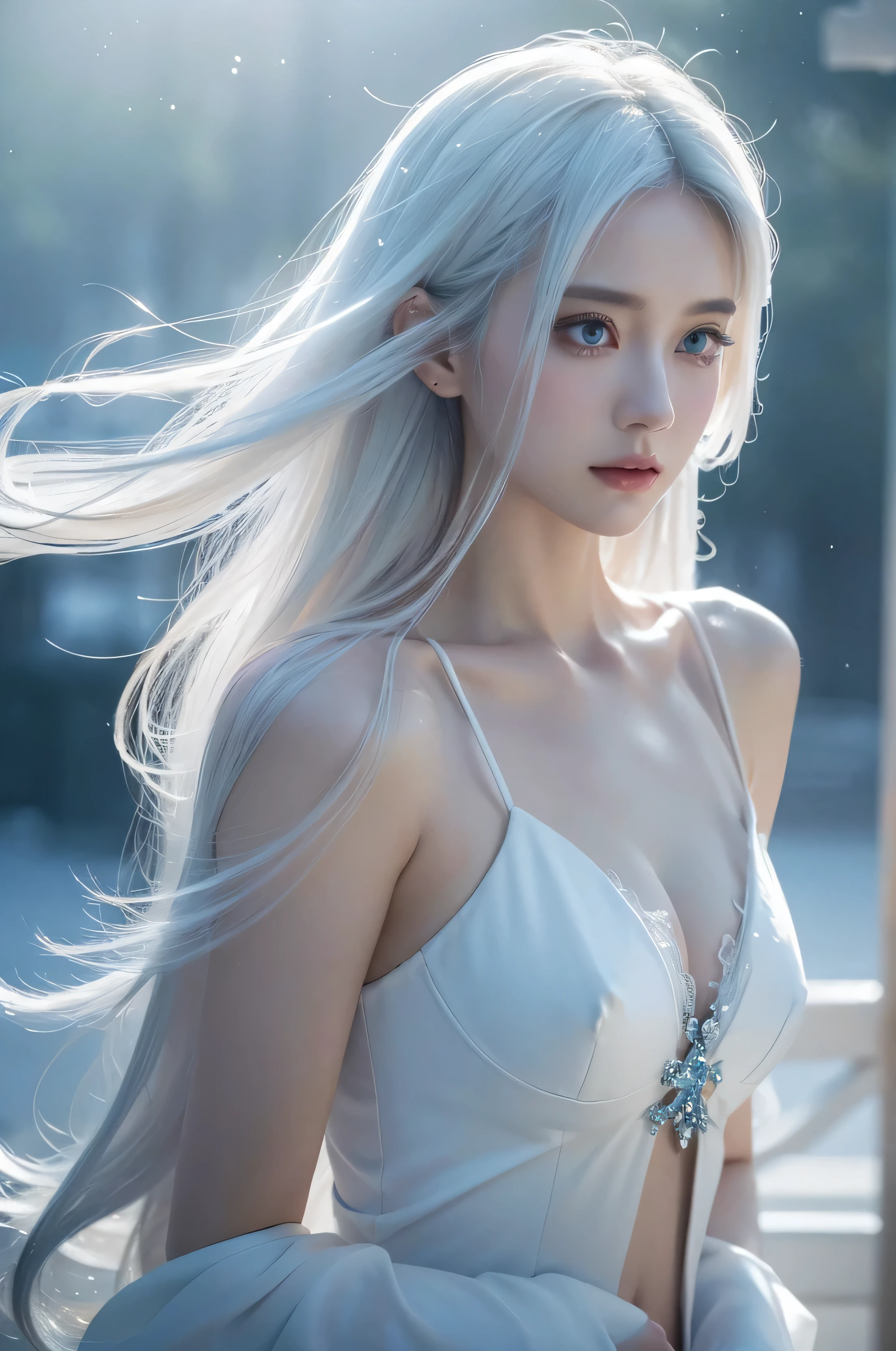 White hair female,close up, concept designs, white background, Yoshitaka Amano style, detailed eyes, detailed lips, elegant ???????, beautiful cleavage, ethereal aura, flowing hair, elegant pose, intricate jewelry, delicate features, fantasy elements, vibrant colors, soft lighting, dreamlike atmosphere, dynamic composition, surreal landscapes, magical aura, intricately designed clothing, celestial theme, wisps of mist, fine brushwork, ethereal beauty, celestial beings, otherworldly presence, mystical elements. (best quality,4k,8k,highres,masterpiece:1.2),ultra-detailed,(realistic,photorealistic,photo-realistic:1.37), HDR, UHD, studio lighting, ultra-fine painting, sharp focus, physically-based rendering, extreme detail description, professional, vivid colors, bokeh, portraits, landscape, horror, anime, sci-fi, photography, concept artists, color palette, soft pastels, luminous shades, ethereal lighting, angelic figures, cosmic inspiration.
