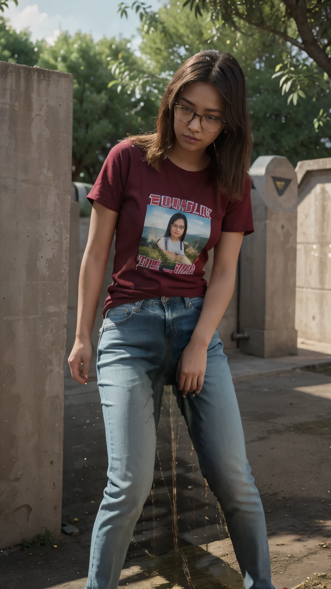 A girl with a Malay face, approximately 22 years old, is depicted in an outdoor setting. She is wearing light blue jeans and a maroon red t-shirt. The girl is wearing glasses and can be seen in the process of peeing. (urination:1.5). The medium used to create this artwork is oil painting, which adds a unique texture and style to the piece. Additionally, the level of realism is enhanced with a strength of 1.37, ensuring that the details are accurately portrayed. The overall image quality is of the highest standard, with a focus on producing a 4K or 8K ultra-detailed masterpiece. The lighting is meticulously crafted in a studio setting, allowing for precise highlights and shadows. The colors in the artwork are vibrant and vivid, further enhancing the visual impact. The technique of physically-based rendering is employed to realistically simulate the materials and lighting effects.