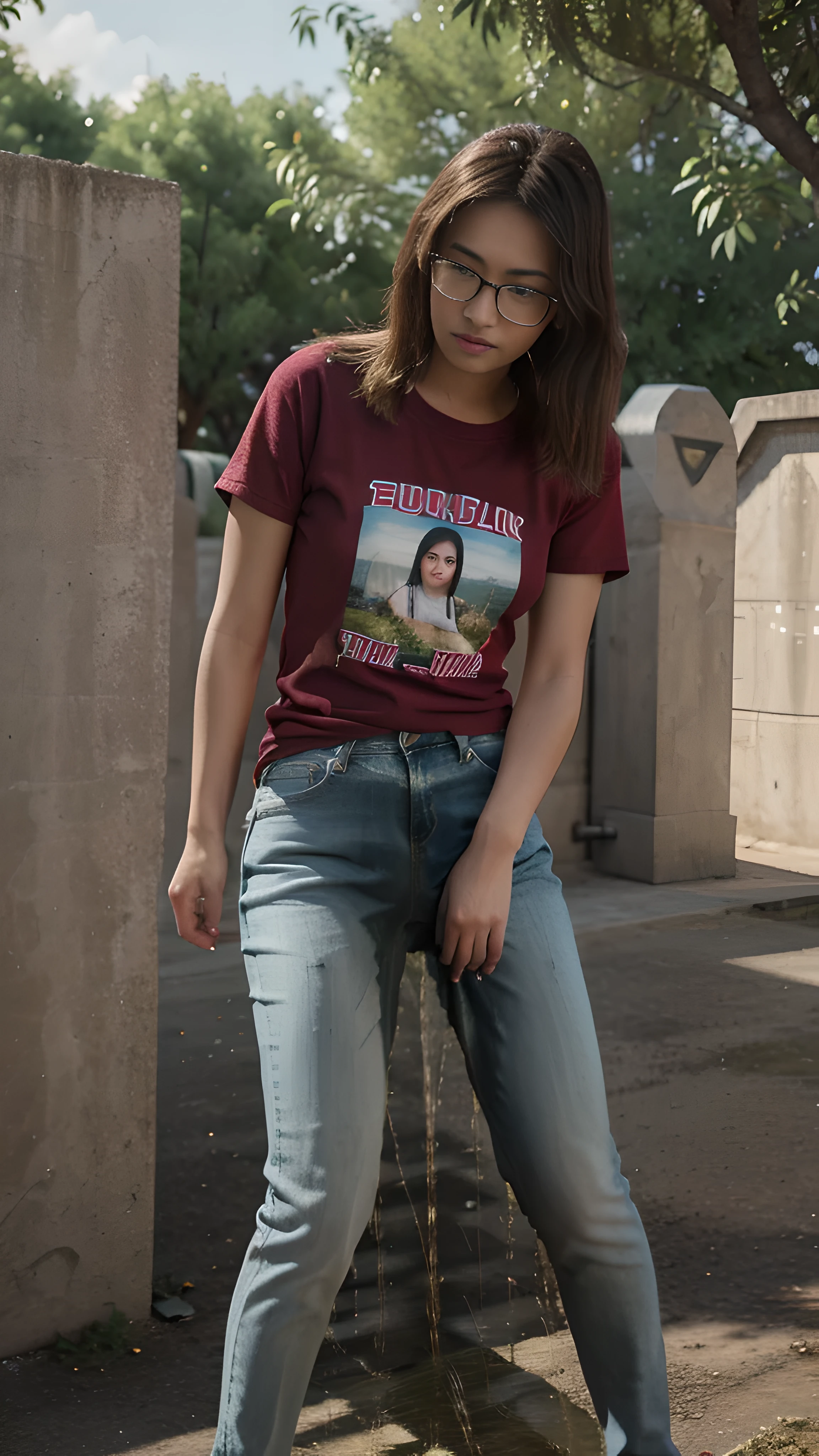 A girl with a Malay face, approximately 22 years old, is depicted in an outdoor setting. She is wearing light blue jeans and a maroon red t-shirt. The girl is wearing glasses and can be seen in the process of peeing. (urination:1.5). The medium used to create this artwork is oil painting, which adds a unique texture and style to the piece. Additionally, the level of realism is enhanced with a strength of 1.37, ensuring that the details are accurately portrayed. The overall image quality is of the highest standard, with a focus on producing a 4K or 8K ultra-detailed masterpiece. The lighting is meticulously crafted in a studio setting, allowing for precise highlights and shadows. The colors in the artwork are vibrant and vivid, further enhancing the visual impact. The technique of physically-based rendering is employed to realistically simulate the materials and lighting effects.