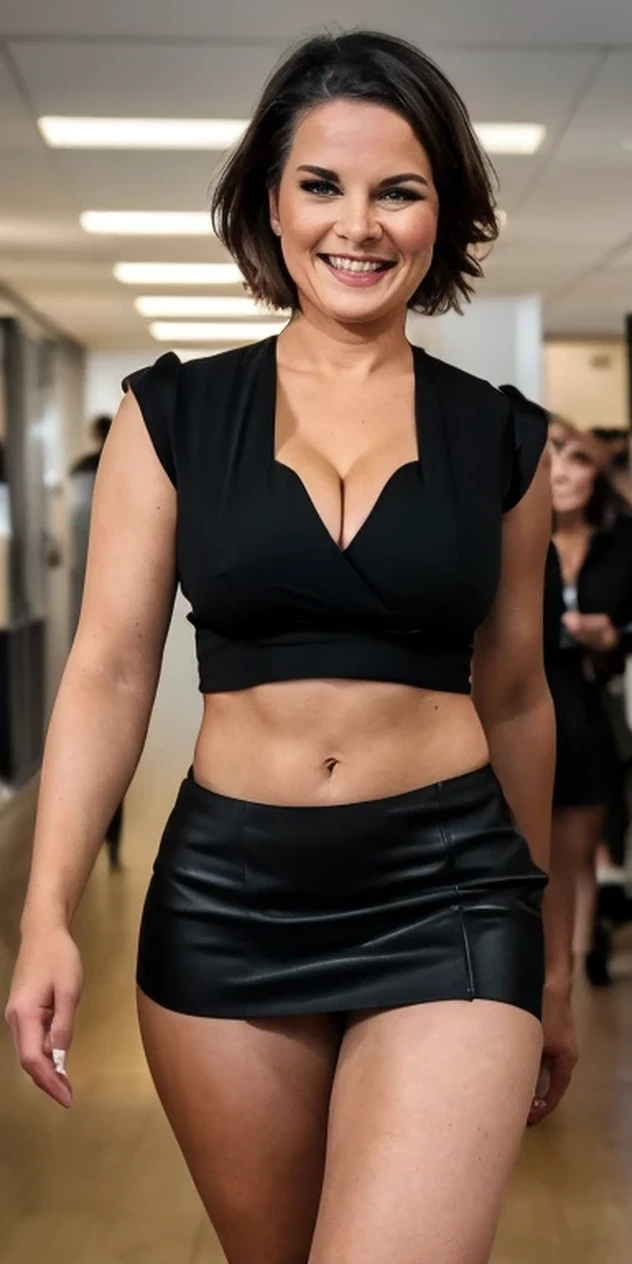 ((Annalena Baerbock)), best quality, Meisterwerk, deep cleavage, very delicate and beautiful, sehr detailiert, CG, einheitlich, 8K Hintergrundbild, Ridiculous, huge file size, sehr weites Objektiv, Sanftes Licht, gegen_Tag, in the office, 1 girl, Allein, sexy, Niedlich, Slight smile, ((mittellange schwarze glatte Haare)), Lippenstift, lange Wimpern, beautiful eyes, Brustmitte, ((enges kurzes miniskirt)), , Lange Beine, nice legs, zwei leicht exponierte Punkte, (durchscheinend: 1.1), Stehen, Full body, Fujifilm X-T3 Foto,