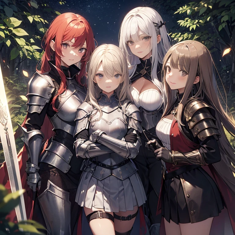 A group of female knights, (in forest), various hair styles, harem, wearing armored clothes, metal armor, night, details face, short skirt, seducing, sword,