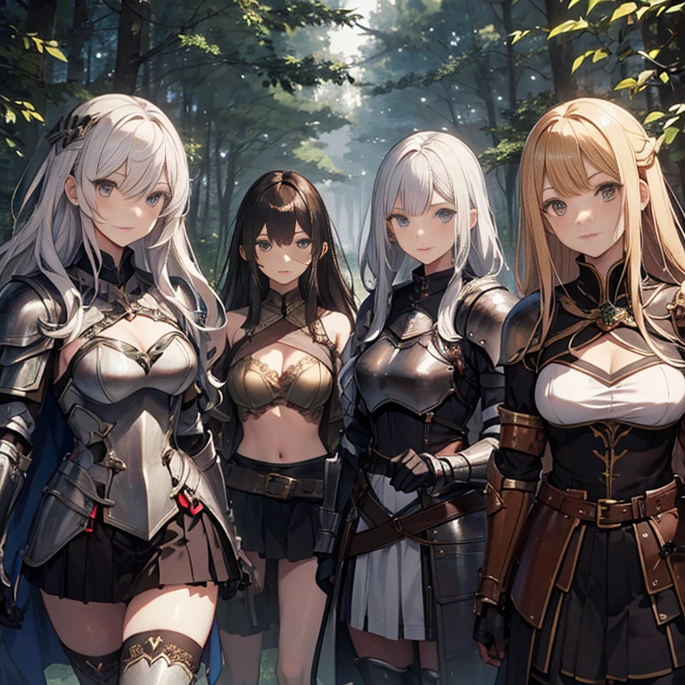 A group of  female knights, (in forest), various hair styles, harem, wearing armored clothes, metal armor, night, details face, short skirt, seducing, sword,