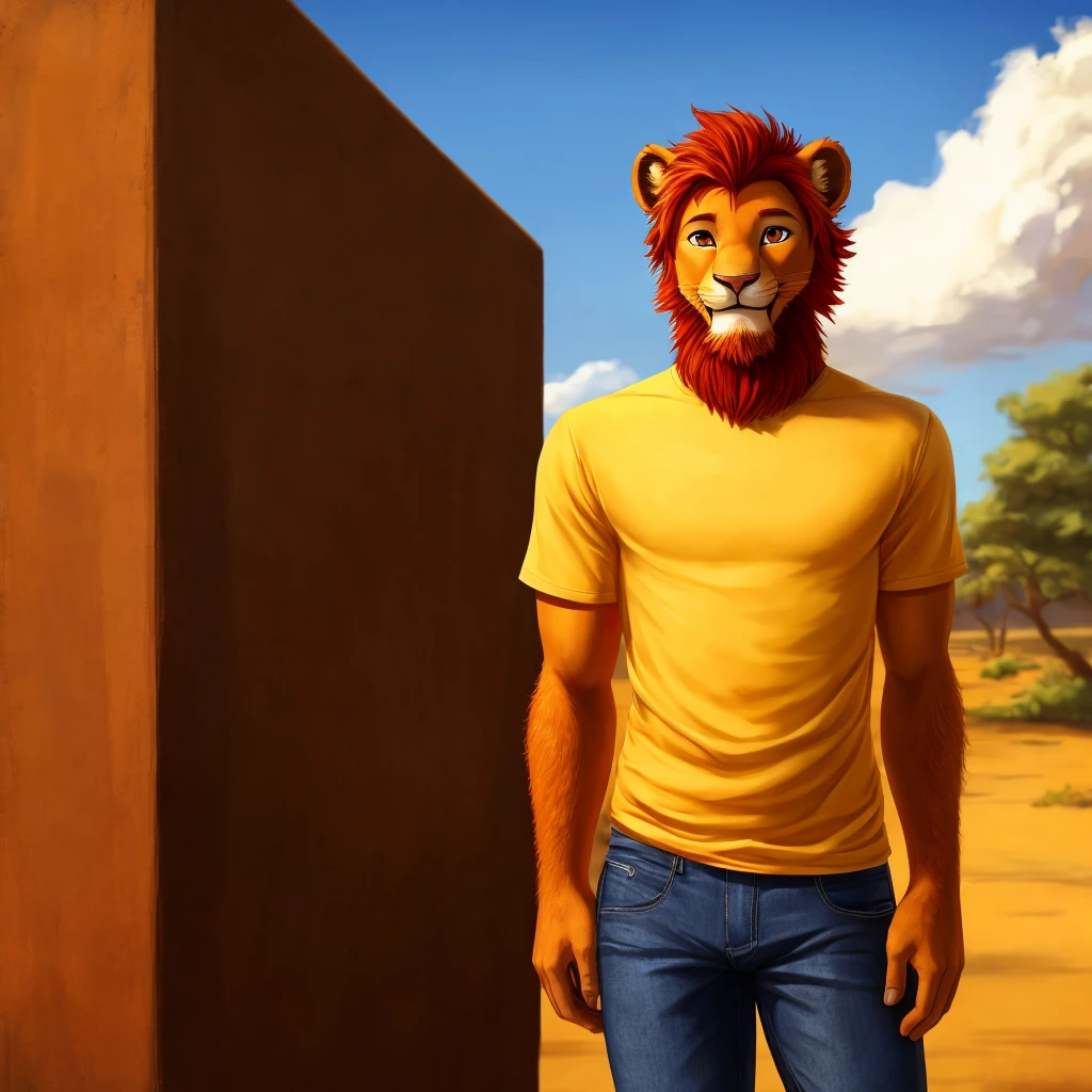 masterpiece, solo, furry orange lion, orange fur, red facial hair, short red hair, orange eyes, teen, tight jeans, tight yellow shirt, pretty smile, happy, shy, in the savannah