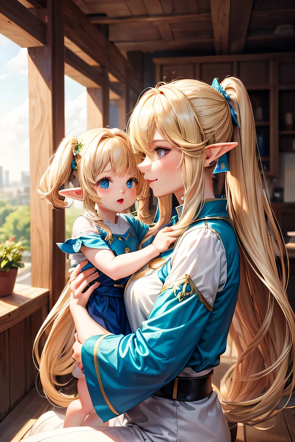 make elf mom with her daughter, they has blonde very long ponytail
