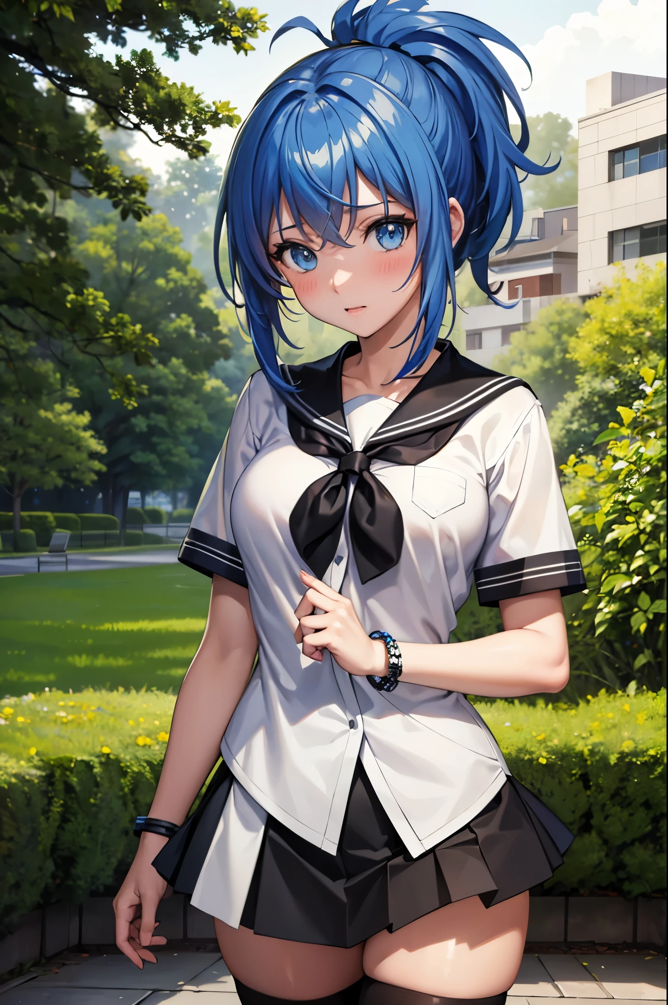 (masterpiece, best quality:1.2), expressive eyes, perfect face, highres, 1girl, solo, senounatsuru ,seitetsu_academy_school_uniform, light blue hair, white shirt, short hair, short sleeves, black handkerchief sailor , ponytail, black skirt, thighhighs, one bracelet, one blue bracelet on left wrist, black wrist band, blushing, embarrassed, standing, cowboy shot, looking at the viewer