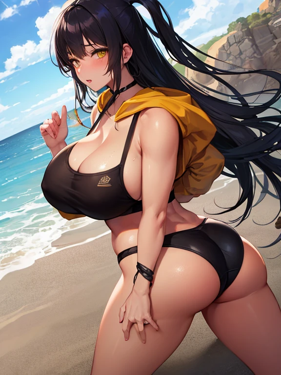 1girl have a tan skin have a black messy hair yellow eyes wear black bikini wear crop top hoodie on the beach huge breast fat ass