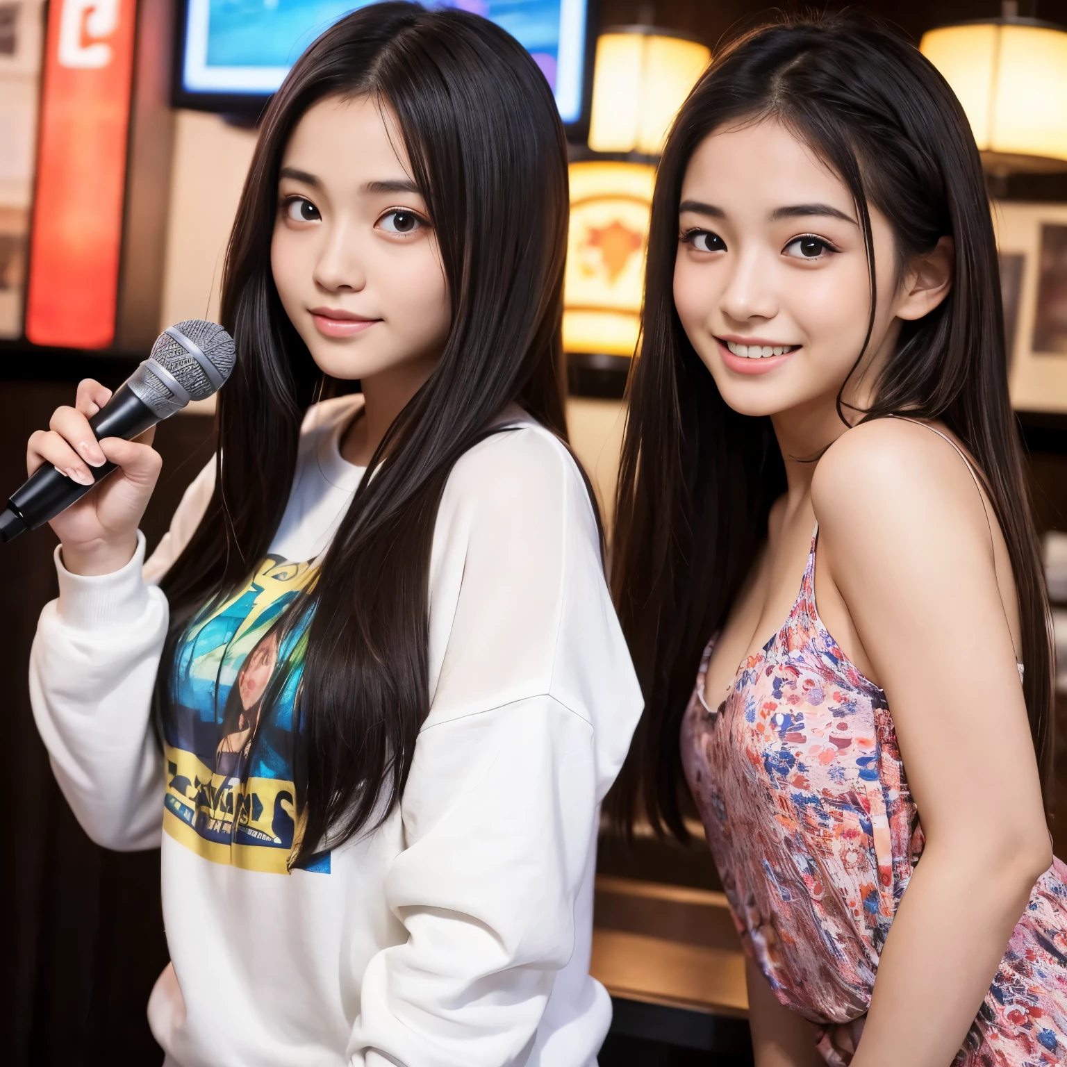 Best-quality, Masterpiece, Ultra-High-Resolution, (Photorealistic:1.4), Raw-Photo, 2girls, photo of 15-years-old the most famous Japanese idol and 25-years-old the most famous Japanese actress are having a lot of fun in KARAOKE room, singing, They all are wearing casual clothes. They are drunk. ((They have different faces. They have extremely cute face and extremely beautiful face. ((They have extremely beautiful eyes and extremely beautiful skins)). They have different hairstyle. They have extremely beautiful hair)).