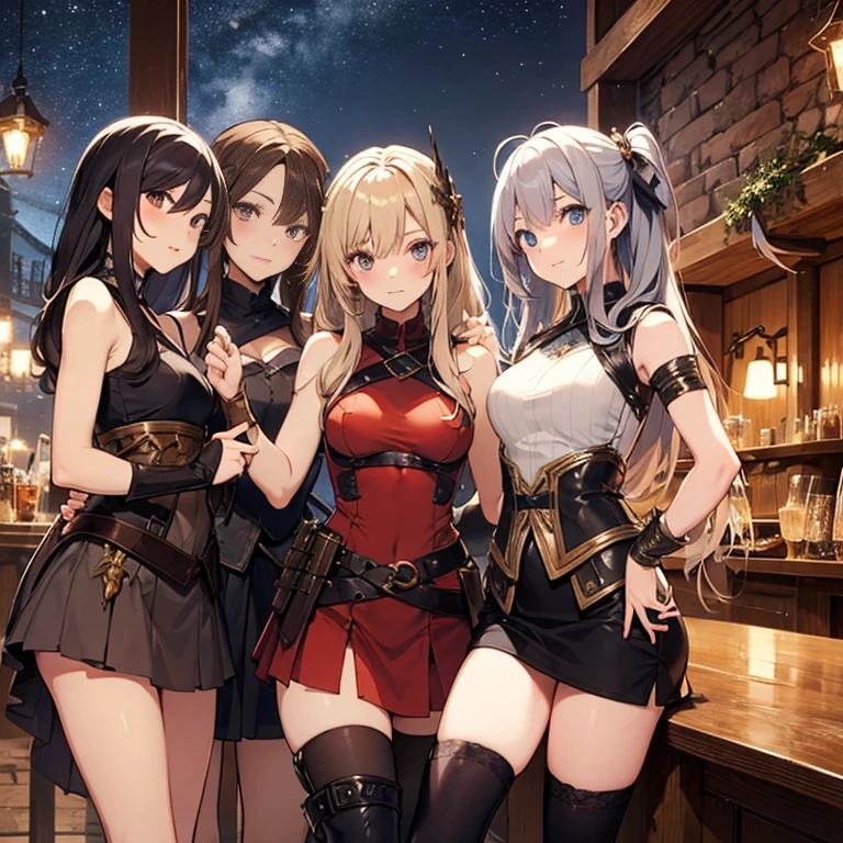 A group of female medieval fantasy adventurers, (in tavern), various hair styles, harem, night, details face, short skirt, seducing, sleeveless, armor