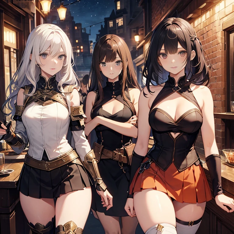 A group of  female medieval fantasy adventurers, (in tavern), various hair styles, harem, night, details face, short skirt, seducing, sleeveless, armor