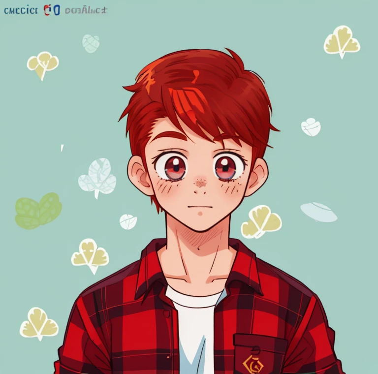 cute 12-years-old ginger irish kid boy, freckles, red plaid shirt, athletic physique, strong body, anime art style, manga art style