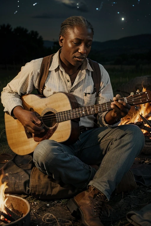 a Photorealistic wide shot of folk singer Leadbelly sitting beside a campfire wearing an old pair of brown boots and a wrote button down shirt with suspenders and playing his guitar and singing under a starry night sky