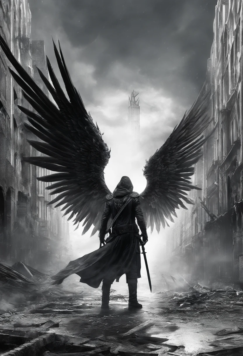 An angel with a burning sword and black wings, who is talking about a burning, utopiache Stadt fliegt.