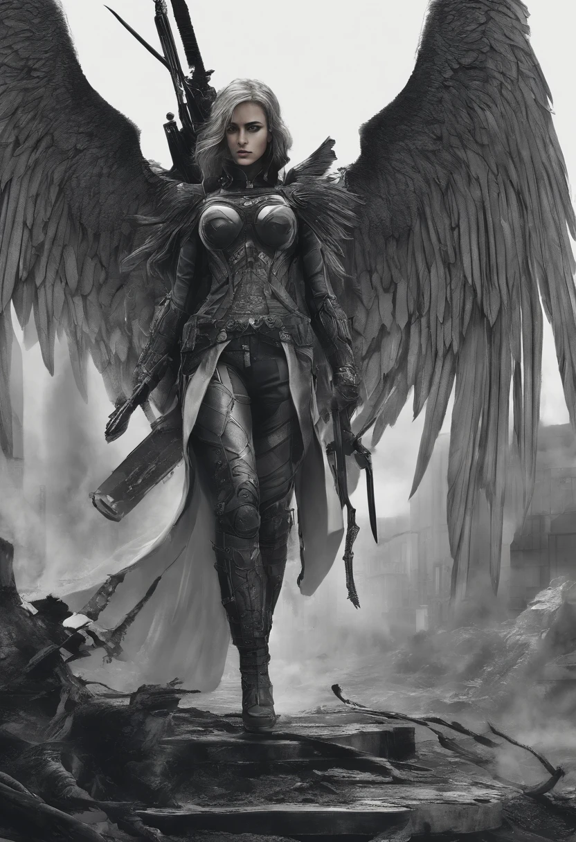 An angel with a burning sword and black wings, who is talking about a burning, utopiache Stadt fliegt.