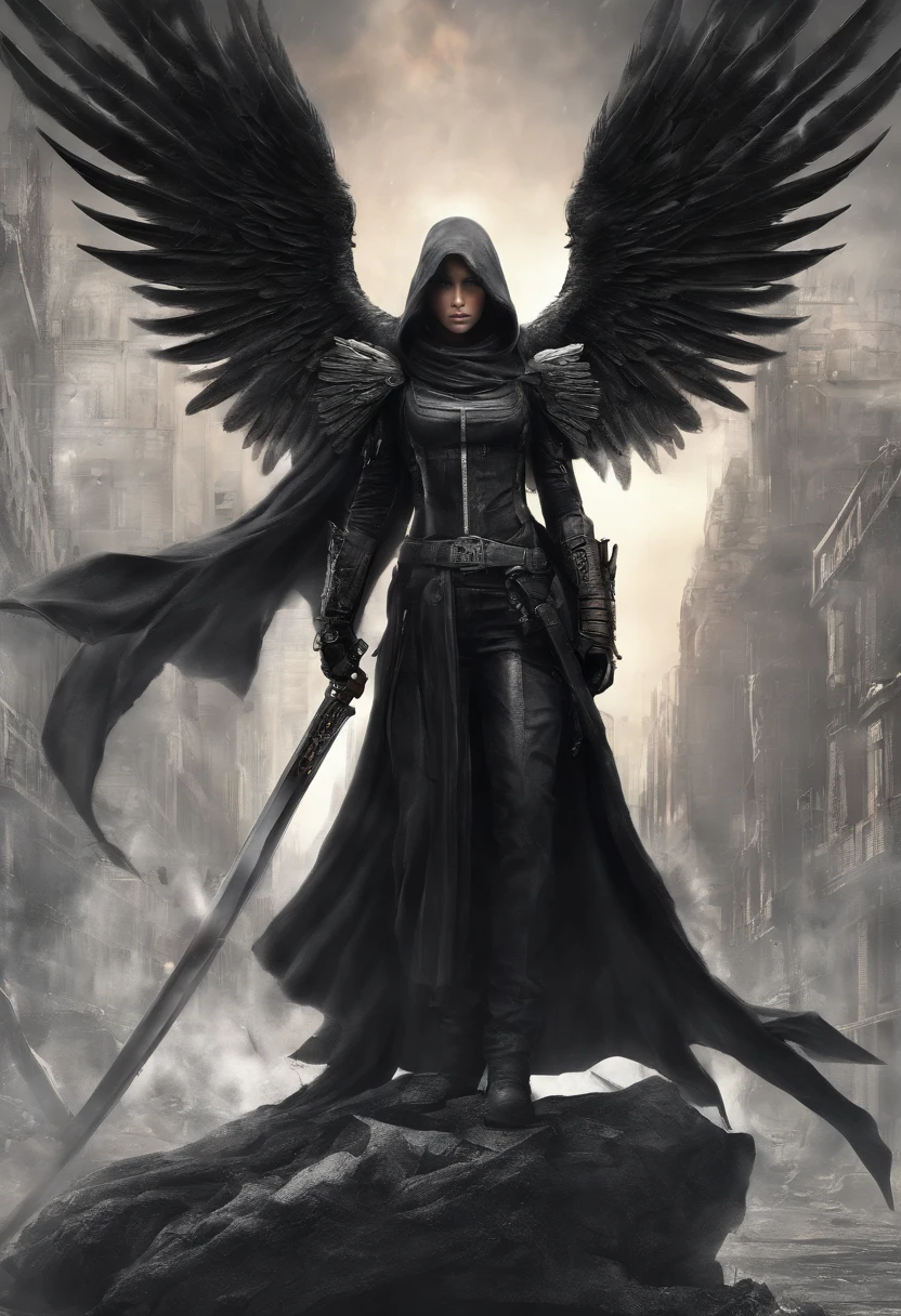 An angel with a burning sword and black wings, who is talking about a burning, utopiache Stadt fliegt.