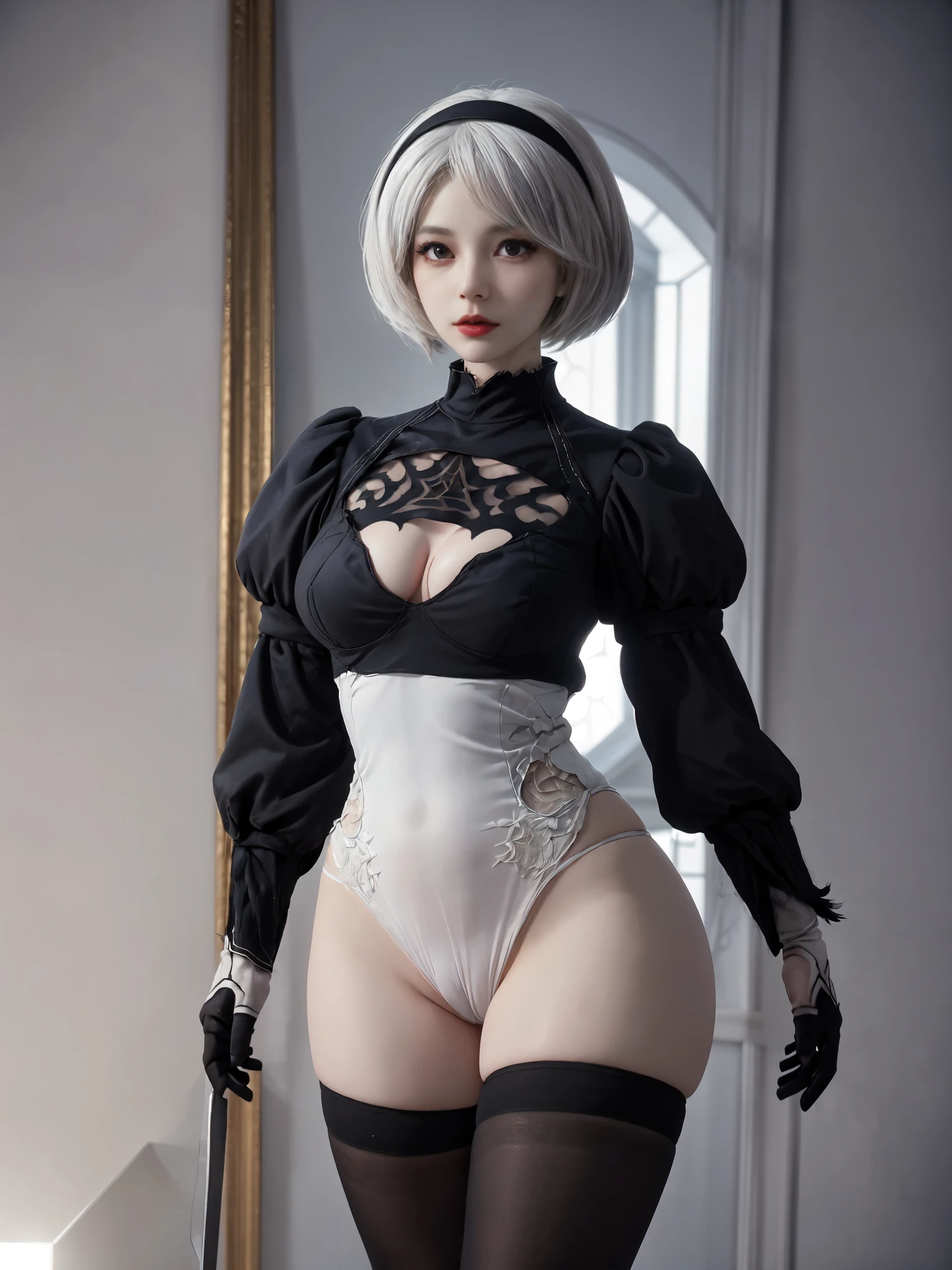 nier:Beautiful cosplay of 2B from Automata、2B、A woman cosplaying as 2B、White skin、tall、Great style、Big Breasts、Small face、High nose、Sharp Eye、Beautiful Face、Beautiful face、30 years old、British women、Half British、nier:2B&#39;s black costume from Automata、Light background、Blur the background、Fantasyな都市を背景に、Standing in a cool pose、Shooting from a diagonal angle、masterpiece、highest quality、high resolution、Cosplayer Photos、Professional Photos、Fantasy、Glaring at the camera、Cosplay makeup style、Real Cosplay Photo、Cool and beautiful photos、Portrait、Wrapped in a pale white glow、like、happiness、Kindness