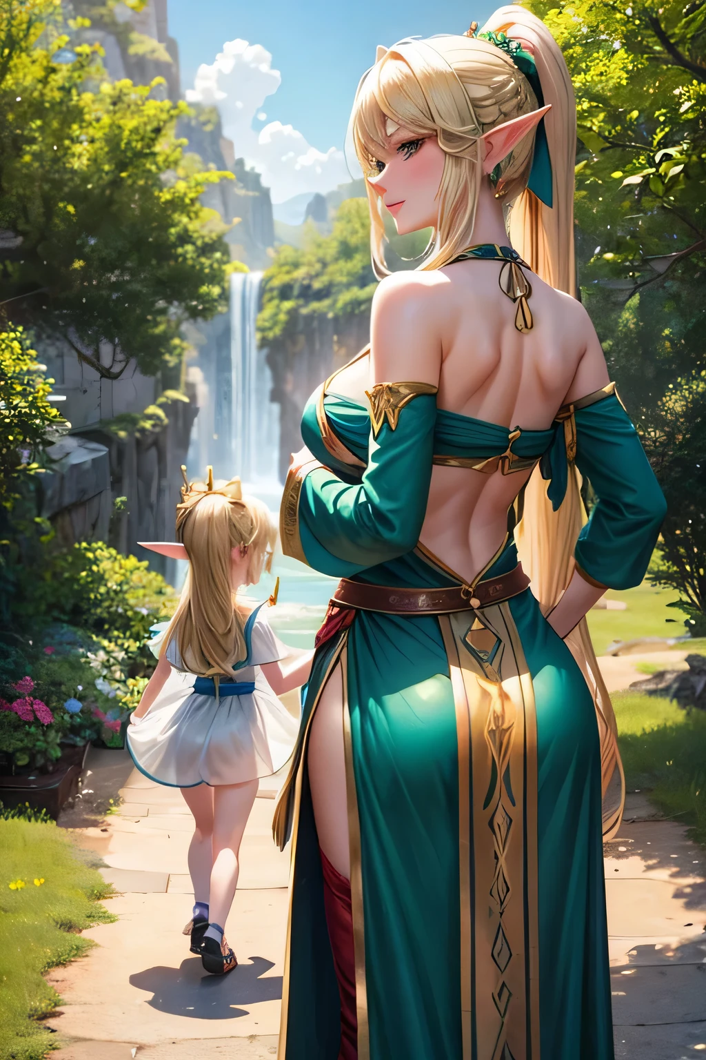 make sexy elf mom with her daughter, they has blonde, beautiful, and very long ponytail. generate them from backside