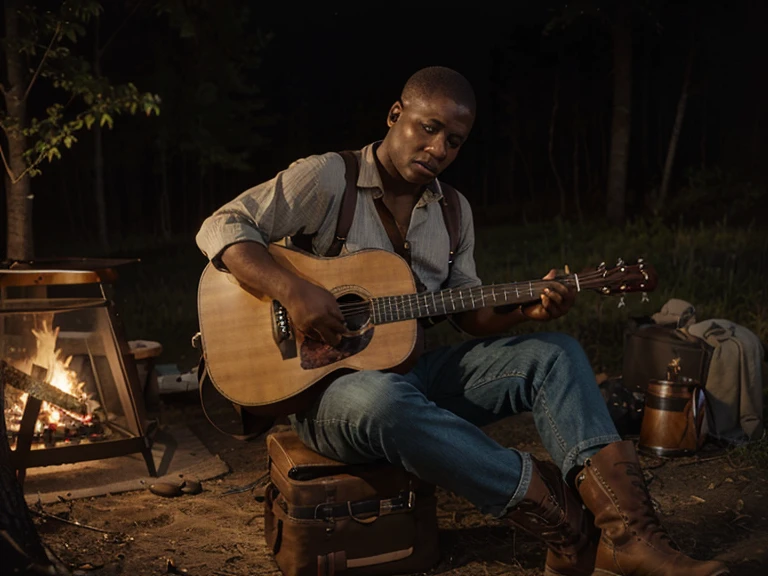 a Photorealistic wide shot of folk singer Leadbelly sitting beside a campfire wearing an old pair of brown boots and a wrote button down shirt with suspenders and  playing his guitar and singing under a starry night sky  