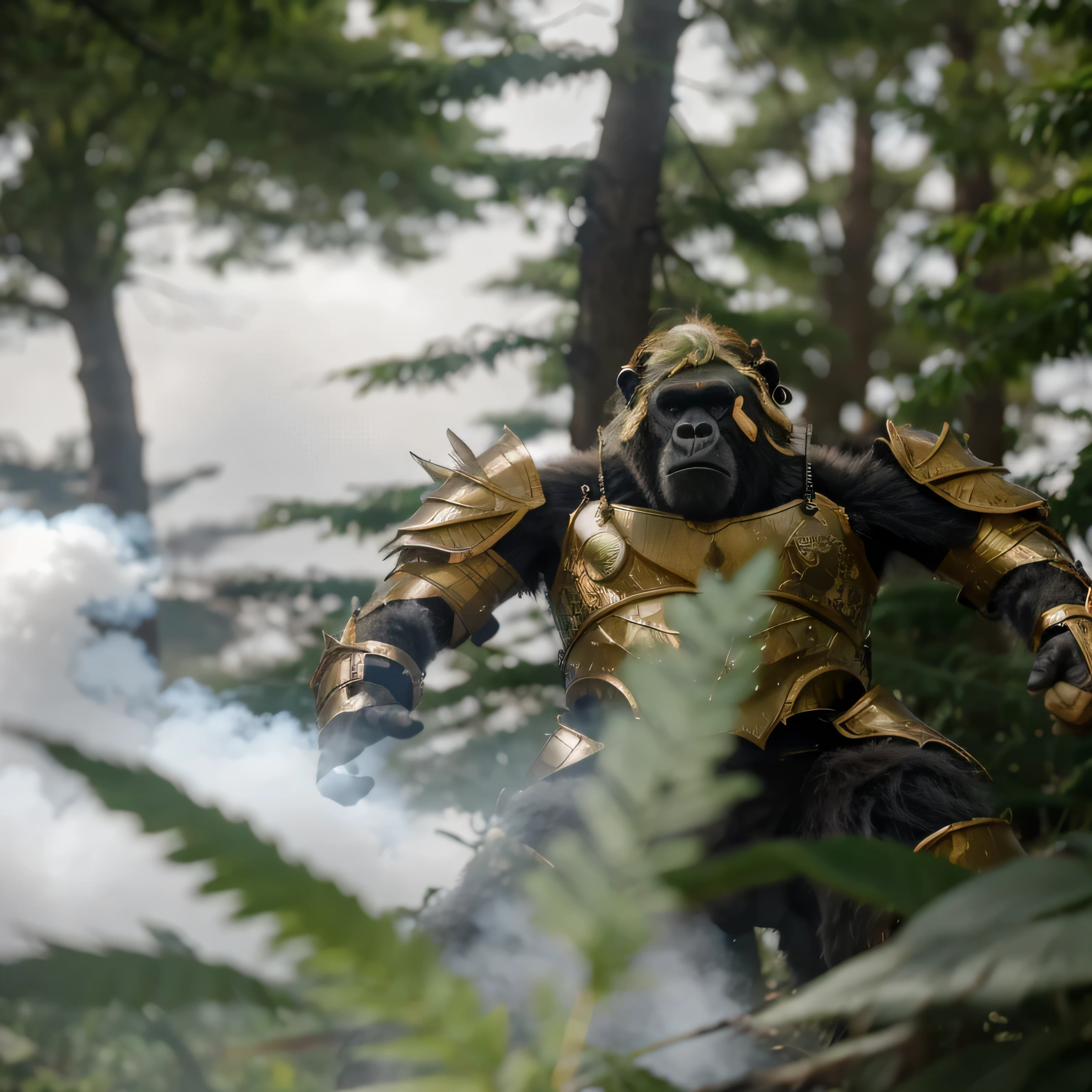 background with sky and clouds, smoke in the forest, forest with trees, branches, rocks and bushes, a gorilla in armor.