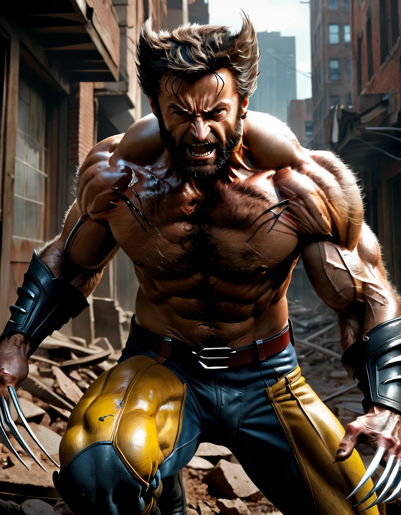 Renowned Wolverine springs into action in this visually stunning, lifelike masterpiece of an image. The main focus is on Wolverine's imposing presence, with his muscular and hairy body exuding raw power. The intricate details of his face, including his piercing eyes, well-defined nose, and rugged beard, are captured flawlessly.
To create this artwork, a combination of traditional illustrations and digital rendering techniques is employed. The medium used is a mix of pencil and digital painting, resulting in a unique blend of realism and artistic expression. The meticulous attention to detail and shading techniques bring out the texture of Wolverine's adamantium claws and make them look truly menacing.
The scene is set against a backdrop of a ruined city, showcasing the gritty and intense atmosphere of Wolverine's world. The debris and crumbling buildings add depth and drama to the composition, emphasizing the character's inherent toughness and resilience.
The image quality is top-notch, with the resolution set at an impressive 4K. This ensures that every intricate detail of Wolverine's form, from the individual strands of his hair to the texture of his costume, is crisply rendered. The use of advanced lighting techniques, such as studio lighting and dynamic shadows, further enhances the realism and three-dimensionality of the image.
The overall color scheme is rich and vibrant, with deep shades of red and black dominating the composition. These colors not only reflect Wolverine's iconic costume but also contribute to the intense and brooding atmosphere of the scene. The contrast between light and shadow is skillfully utilized to create depth and drama, highlighting the strength and ferocity of the character.
In summary, this prompt generates a visually stunning image of Wolverine, showcasing his imposing presence, intricate details, and the intense atmosphere of his world. The lifelike rendering, high resolution, and expert use of lighting and color make this a