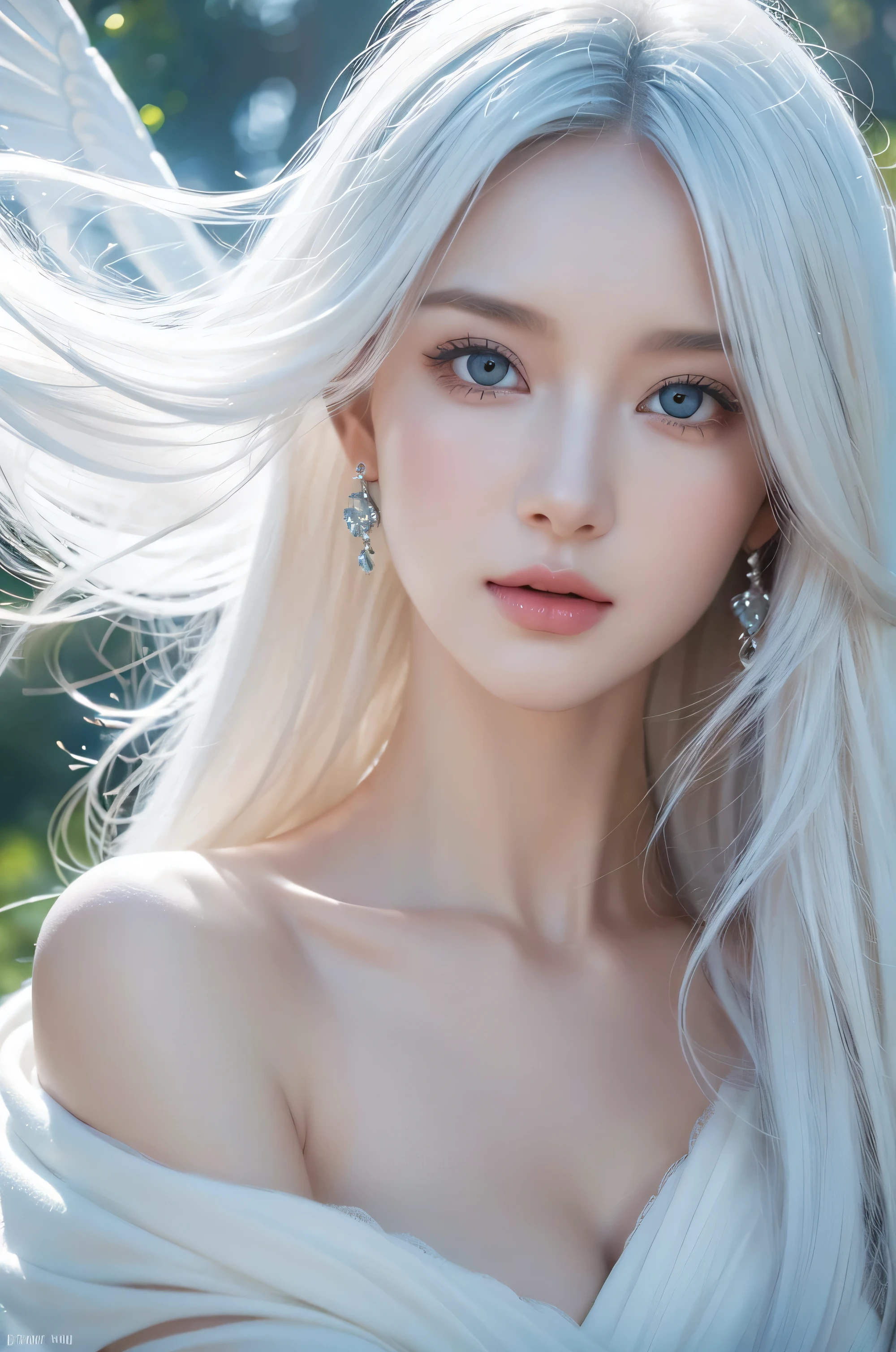 White hair female,close up, concept designs, white background, Caucasian, detailed eyes, detailed lips, elegant breasts, beautiful cleavage, ethereal aura, flowing hair, elegant pose, intricate jewelry, delicate features, fantasy elements, vibrant colors, soft lighting, dreamlike atmosphere, dynamic composition, surreal landscapes, magical aura, intricately designed clothing, celestial theme, wisps of mist, fine brushwork, ethereal beauty, celestial beings, otherworldly presence, mystical elements. (best quality,4k,8k,highres,masterpiece:1.2),ultra-detailed,(realistic,photorealistic,photo-realistic:1.37), HDR, UHD, studio lighting, ultra-fine painting, sharp focus, physically-based rendering, extreme detail description, professional, vivid colors, bokeh, portraits, landscape, horror, anime, sci-fi, photography, concept artists, color palette, soft pastels, luminous shades, ethereal lighting, angelic figures, cosmic inspiration.