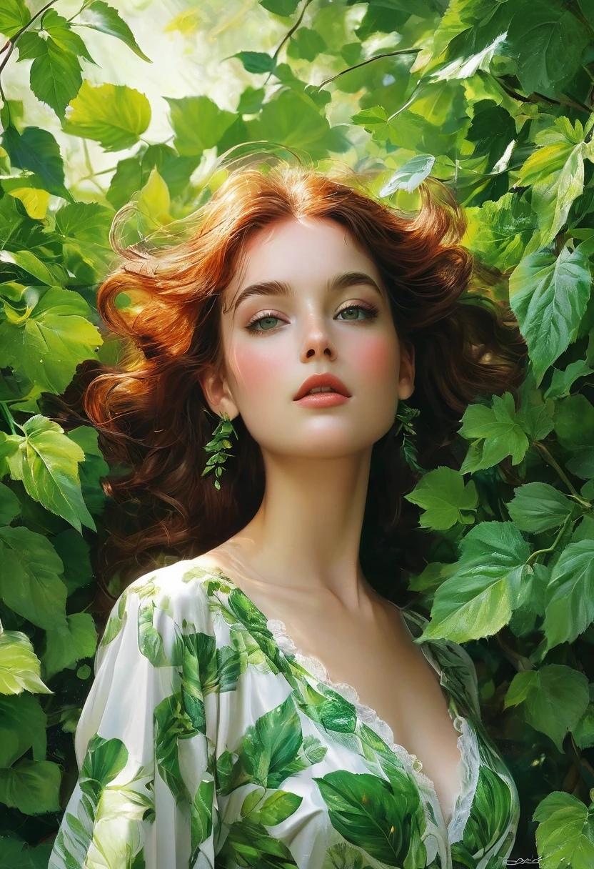 Une illustration magnifiquement dessinée d’une femme aux cheveux rouges, porter une robe verte, and surrounded by green leaves. The woman has a prominent neckline, and her hair is styled'a way that completes your outfit. L'image capture l'élégance et le charme de la femme, which makes it a work of'art attrayante.
