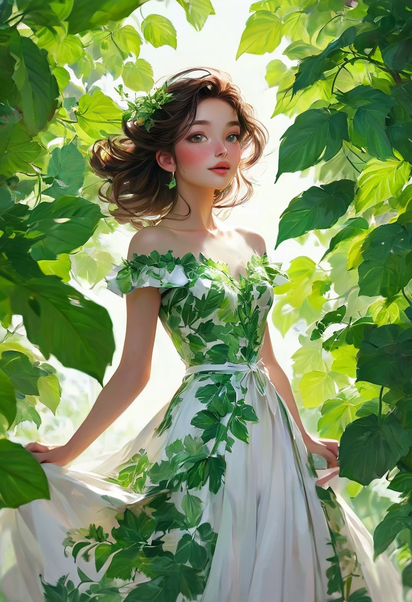 Une illustration magnifiquement dessinée d’une femme aux cheveux rouges, porter une robe verte, and surrounded by green leaves. The woman has a prominent neckline, and her hair is styled&#39;a way that completes your outfit. L&#39;image capture l&#39;élégance et le charme de la femme, which makes it a work of&#39;art attrayante.